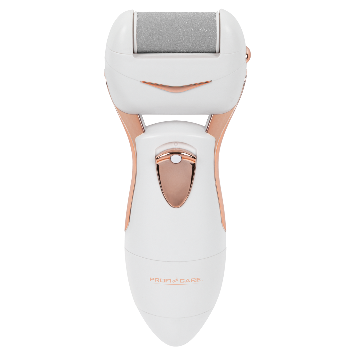 Białe i różowo-złote urządzenie do pielęgnacji stóp, z głowicą szlifującą, na czarnym tle.