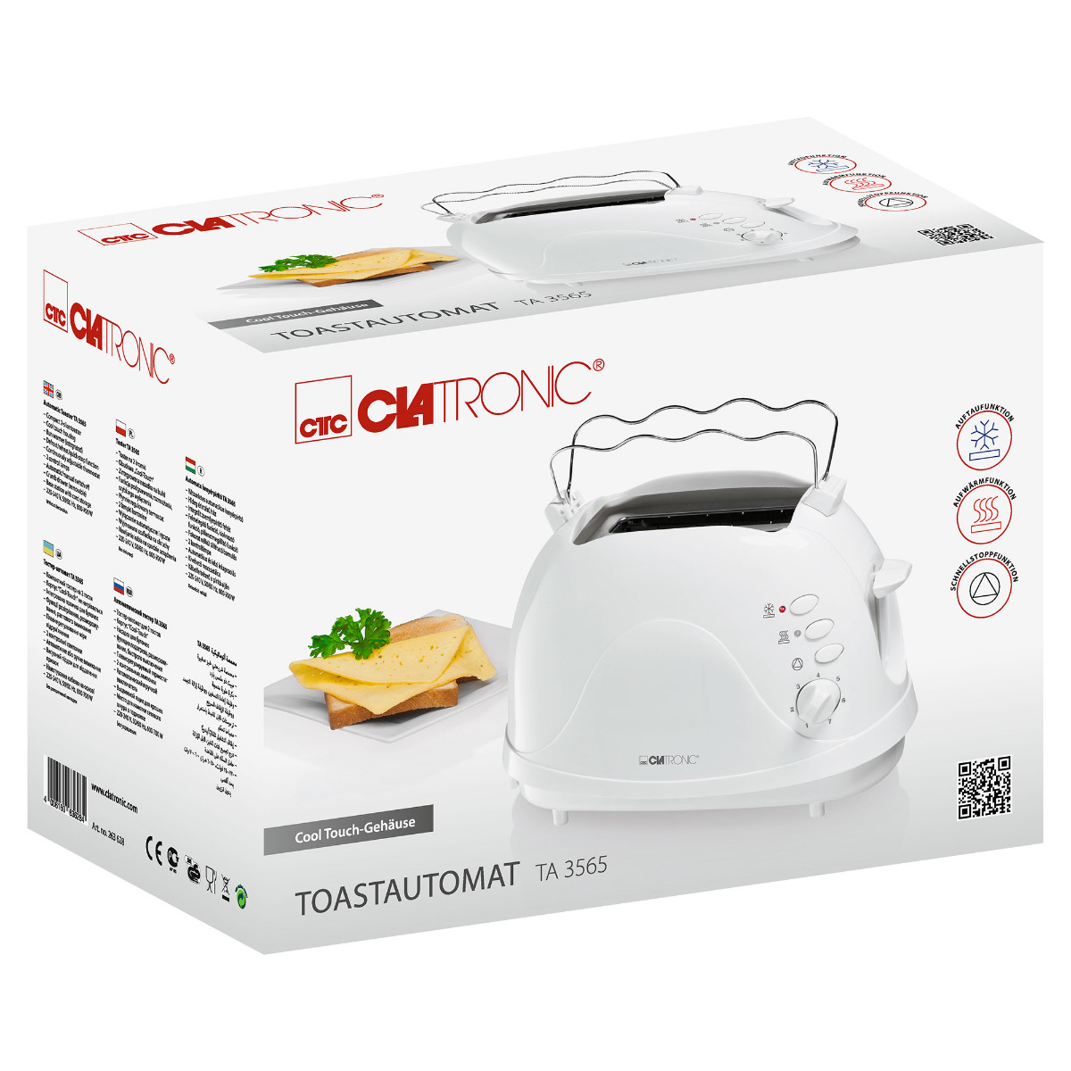 Biały toster w pudełku, pokazujący kromki chleba i nazwę produktu.