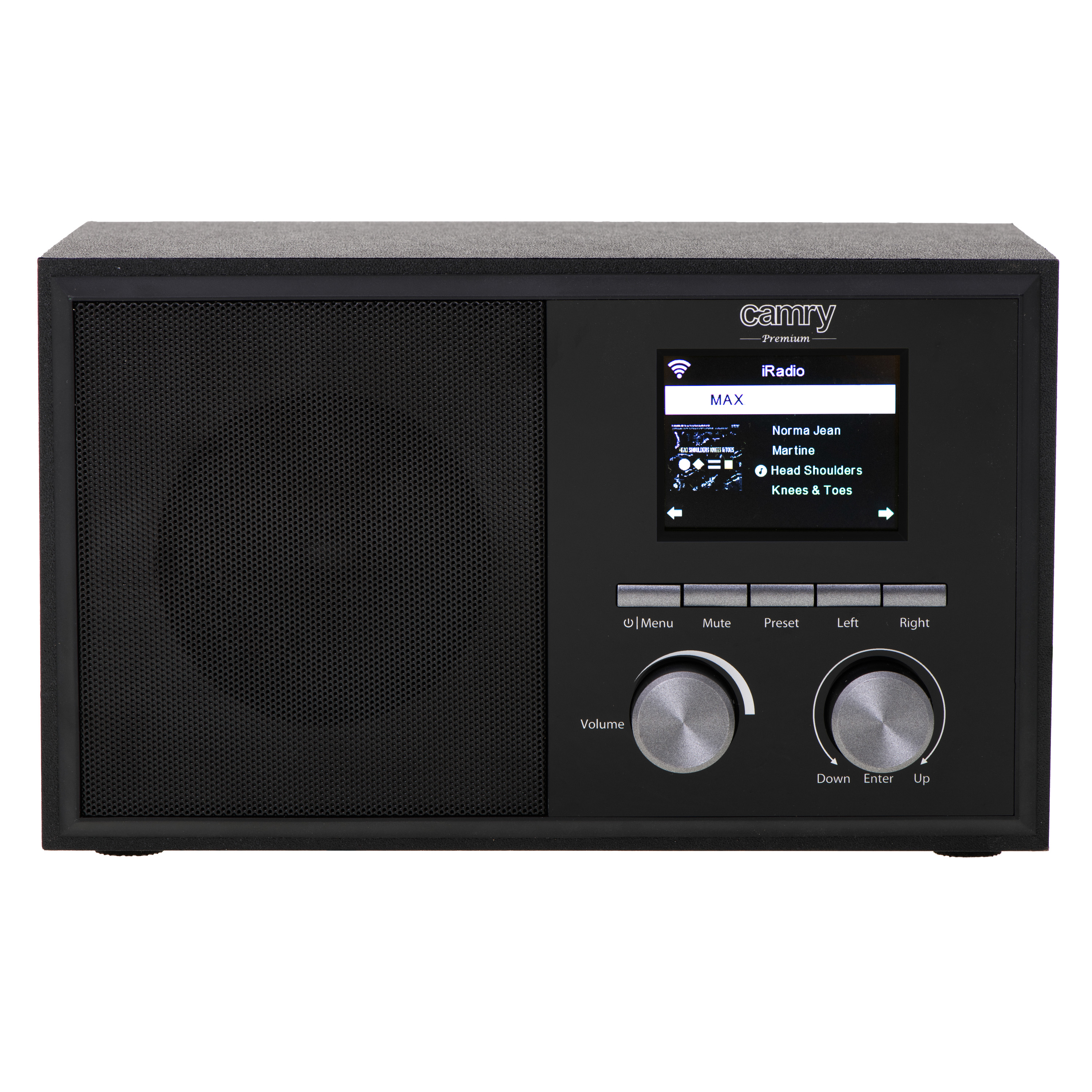 Ein schwarzes Radio mit einem Display, das eine Radioschnittstelle und Lautstärkeregler zeigt.