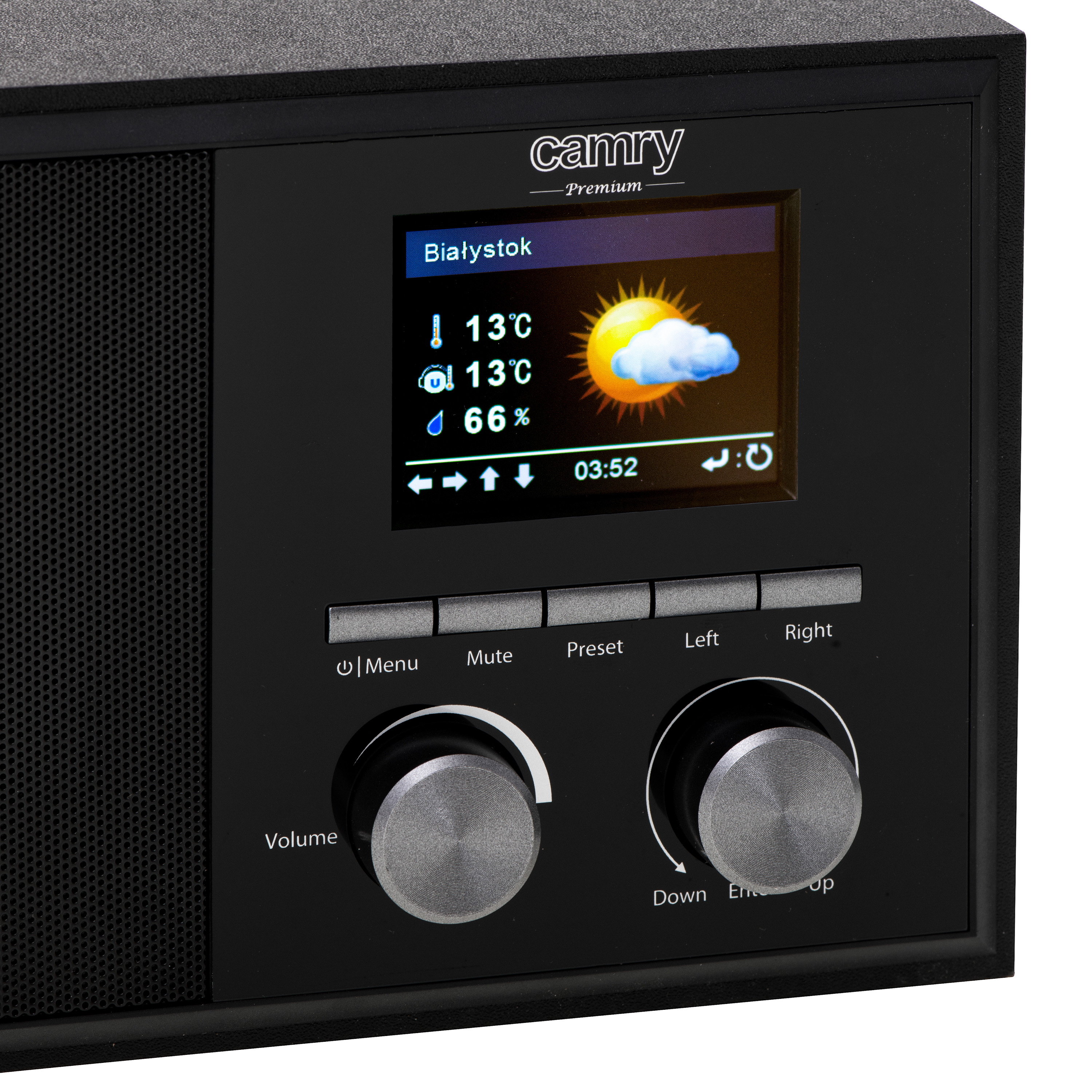 Schwarzes Camy-Radio mit einem Bildschirm, der Wetterinformationen anzeigt, und Tasten für Lautstärke und Menü.