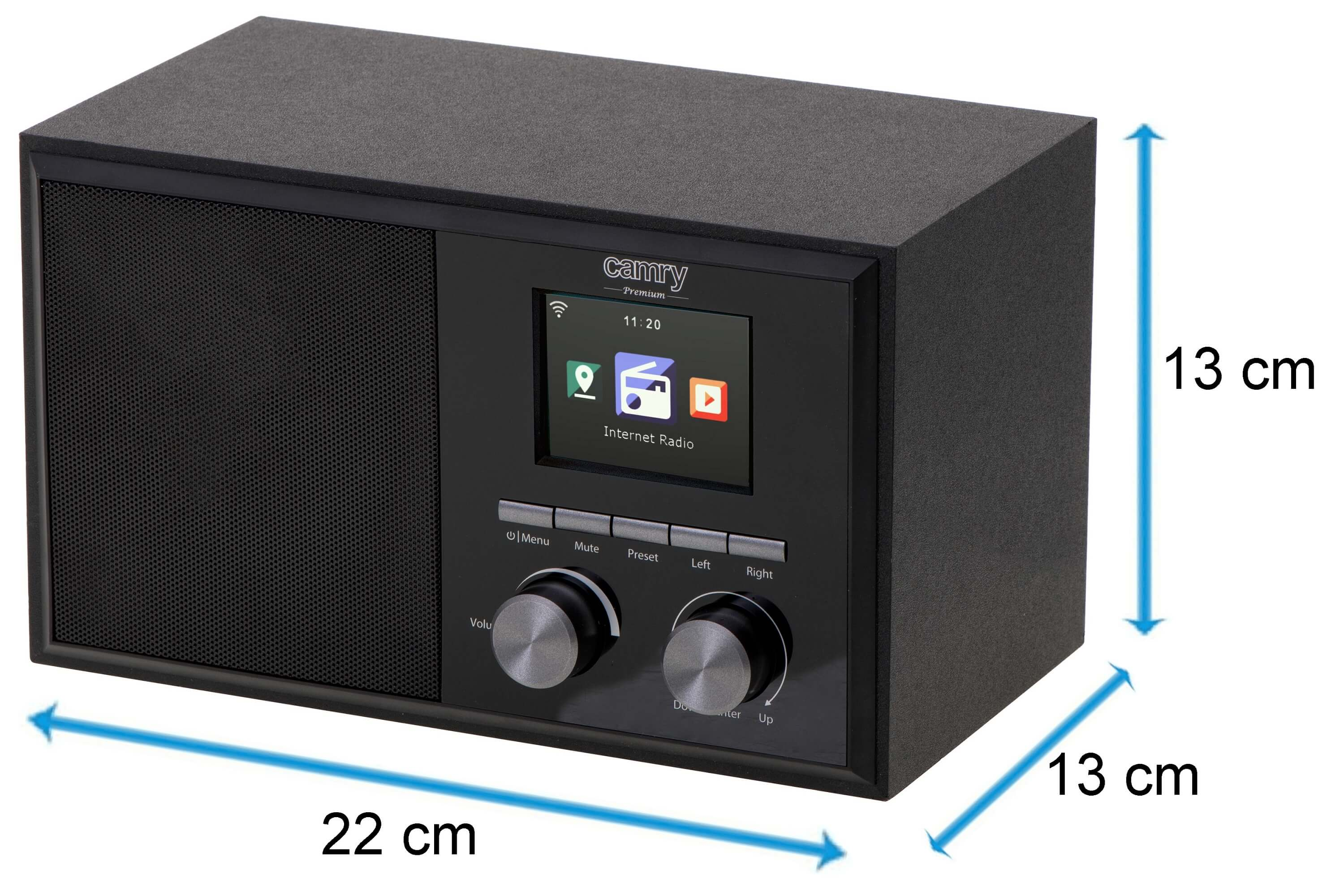 Schwarzes Radio, 22cm breit, 13cm hoch und tief. Der Bildschirm zeigt Uhr und App-Symbole.