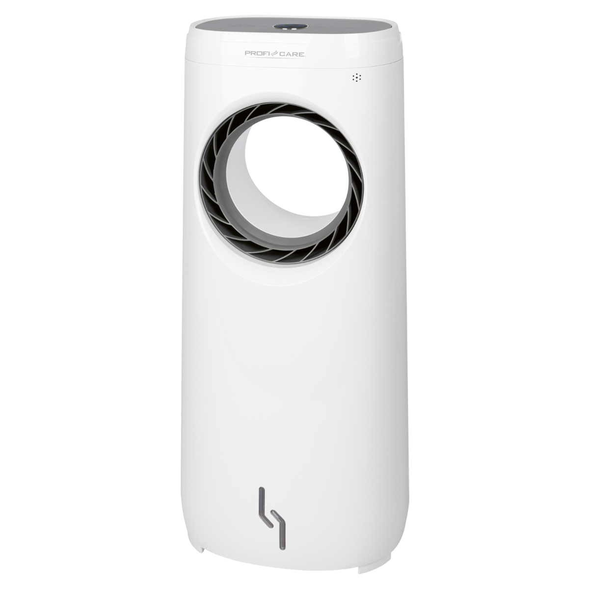 Biały cylindryczny oczyszczacz powietrza z okrągłym otworem wentylacyjnym. Podstawa ma wskaźnik wody.