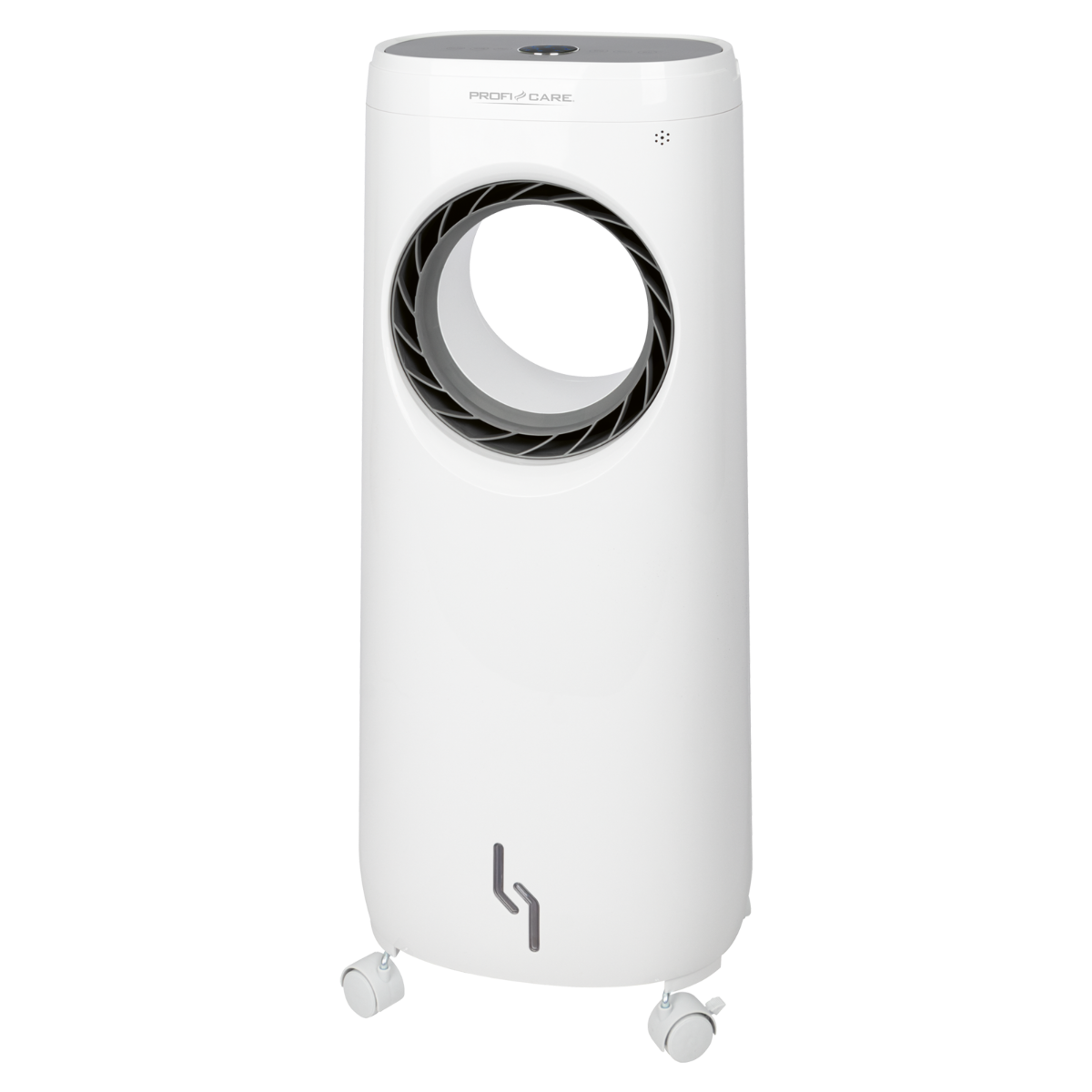 Biała przenośna chłodziarka powietrza z okrągłym otworem wentylacyjnym i kółkami, na czarnym tle.