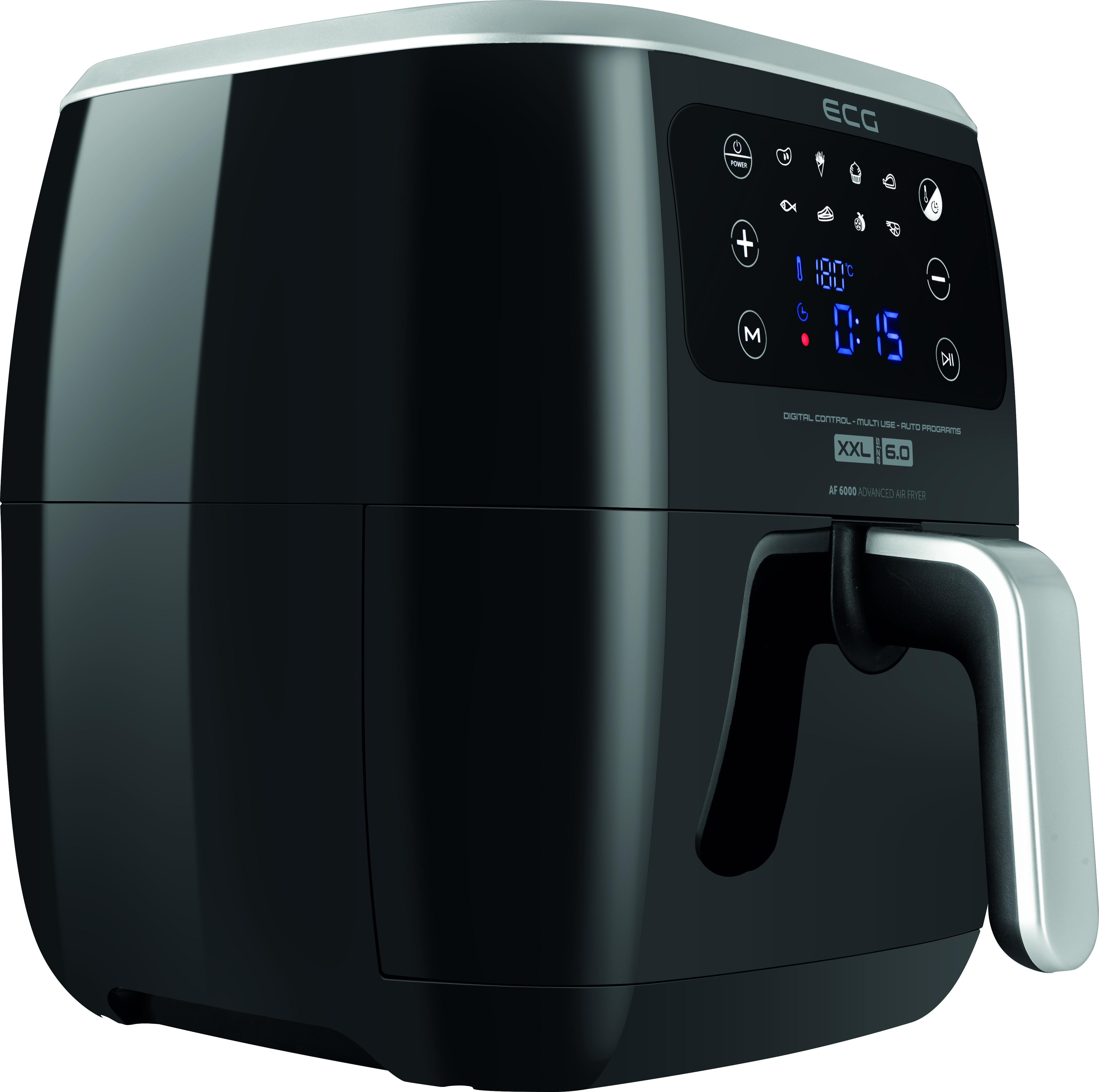 Czarna frytkownica powietrzna z cyfrowym wyświetlaczem i uchwytem z boku.