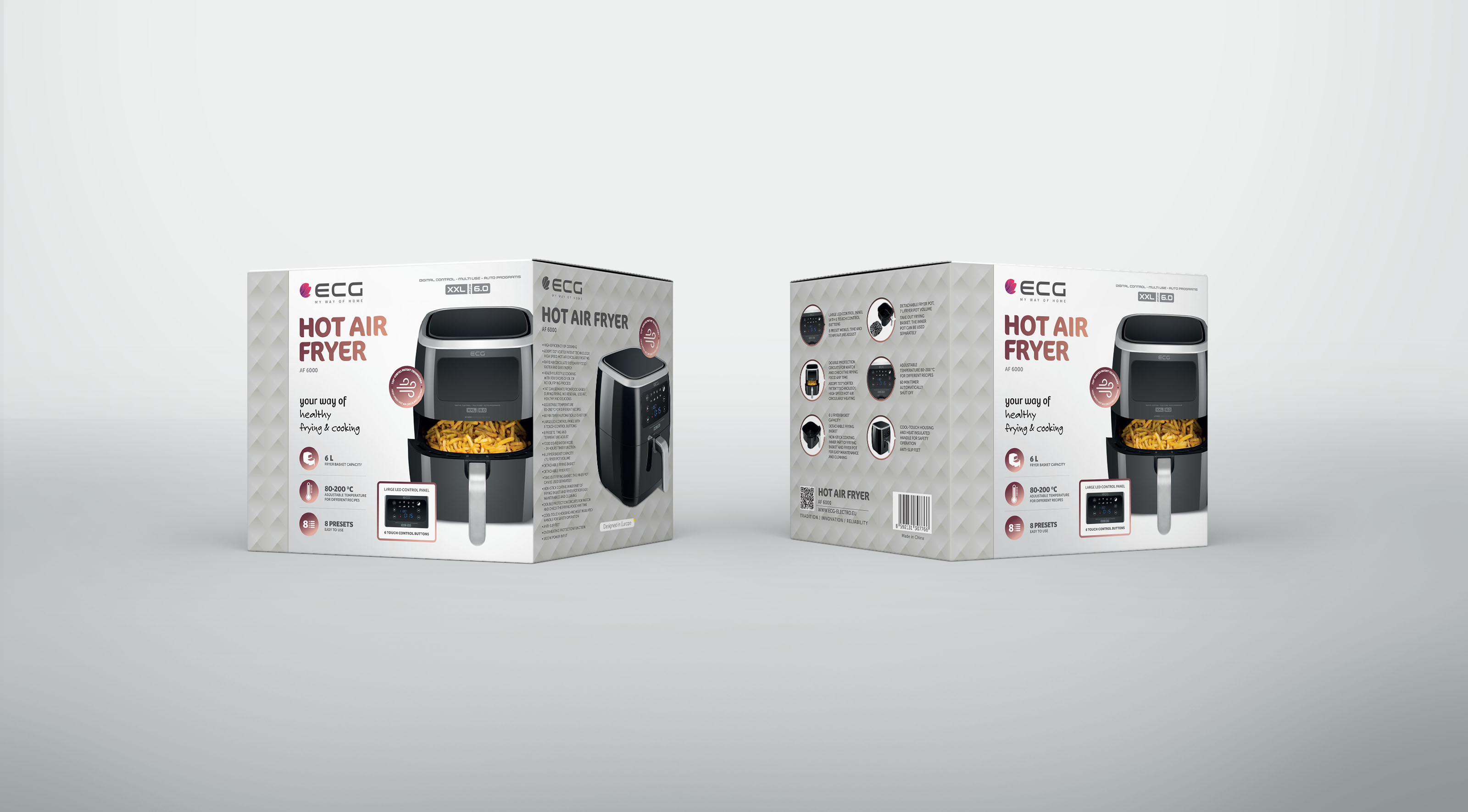 Dwa pudełka frytownicy na gorące powietrze, z wyświetlonym produktem, na jasnoszarym tle.