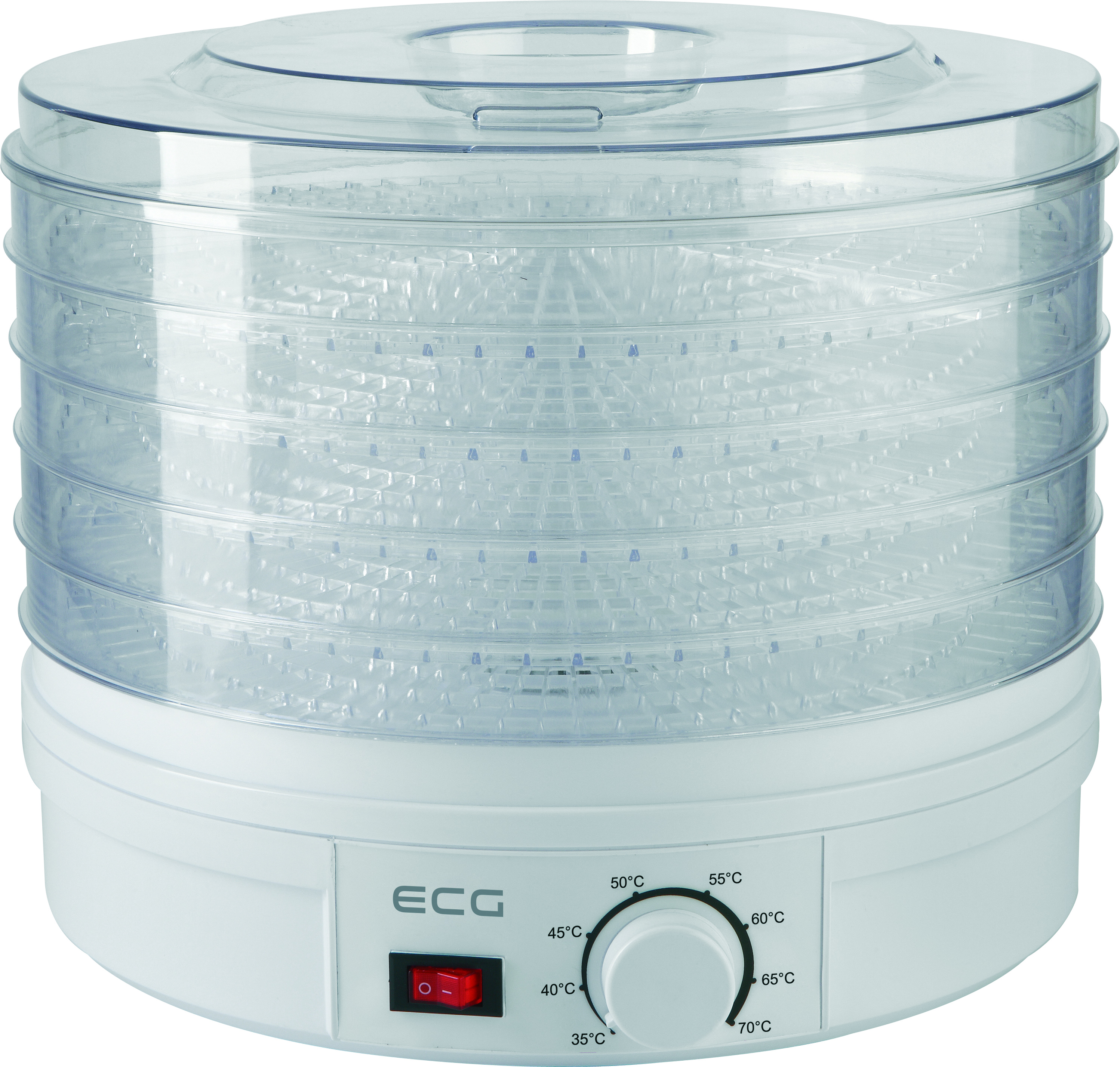 Biała suszarka do żywności z przezroczystymi tacami i pokrętłem regulacji temperatury. Czerwony włącznik.