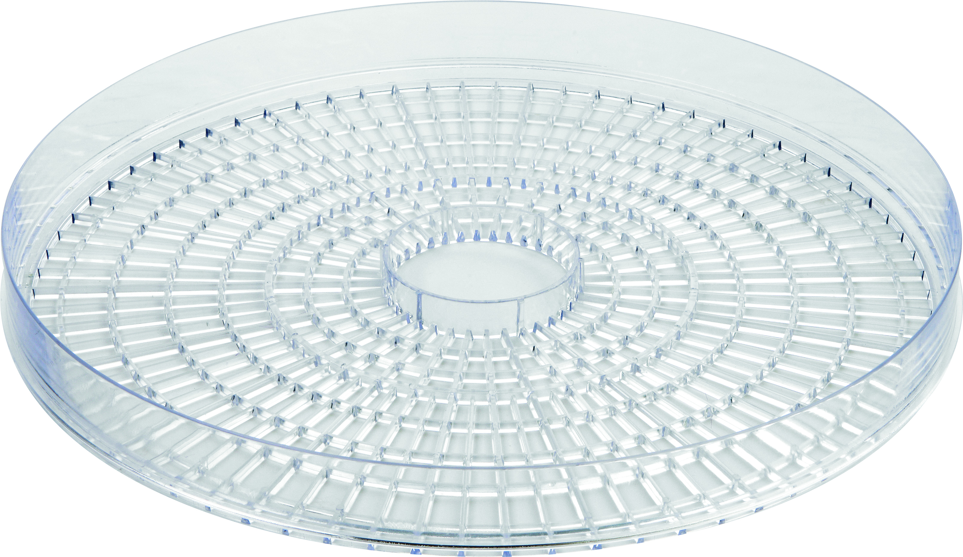 Przezroczysta plastikowa taca do suszarki do żywności z wieloma otworami i okrągłym kształtem.