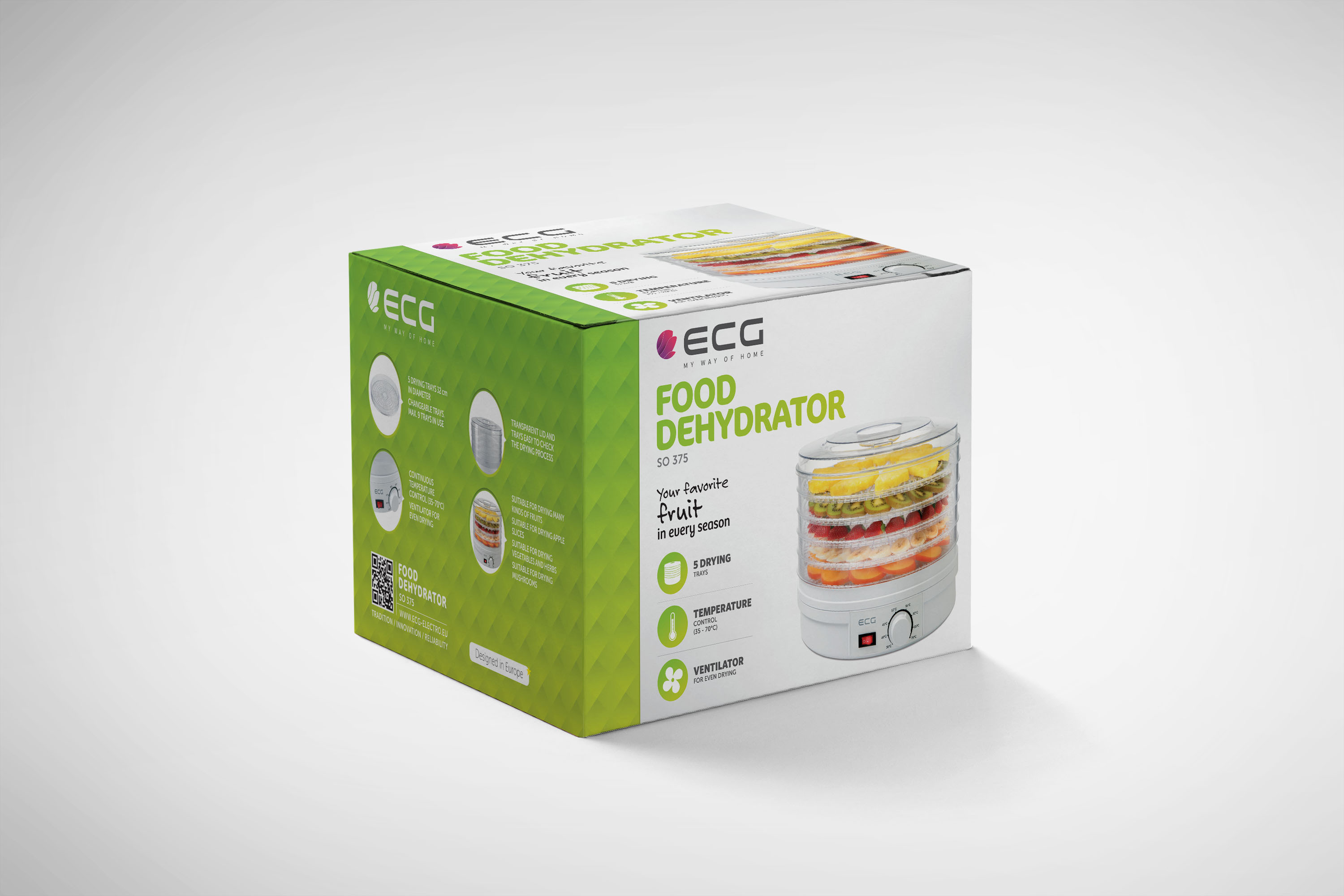 Białe i zielone pudełko dehydratora do żywności. Pudełko pokazuje dehydrator z tekstem i obrazami.