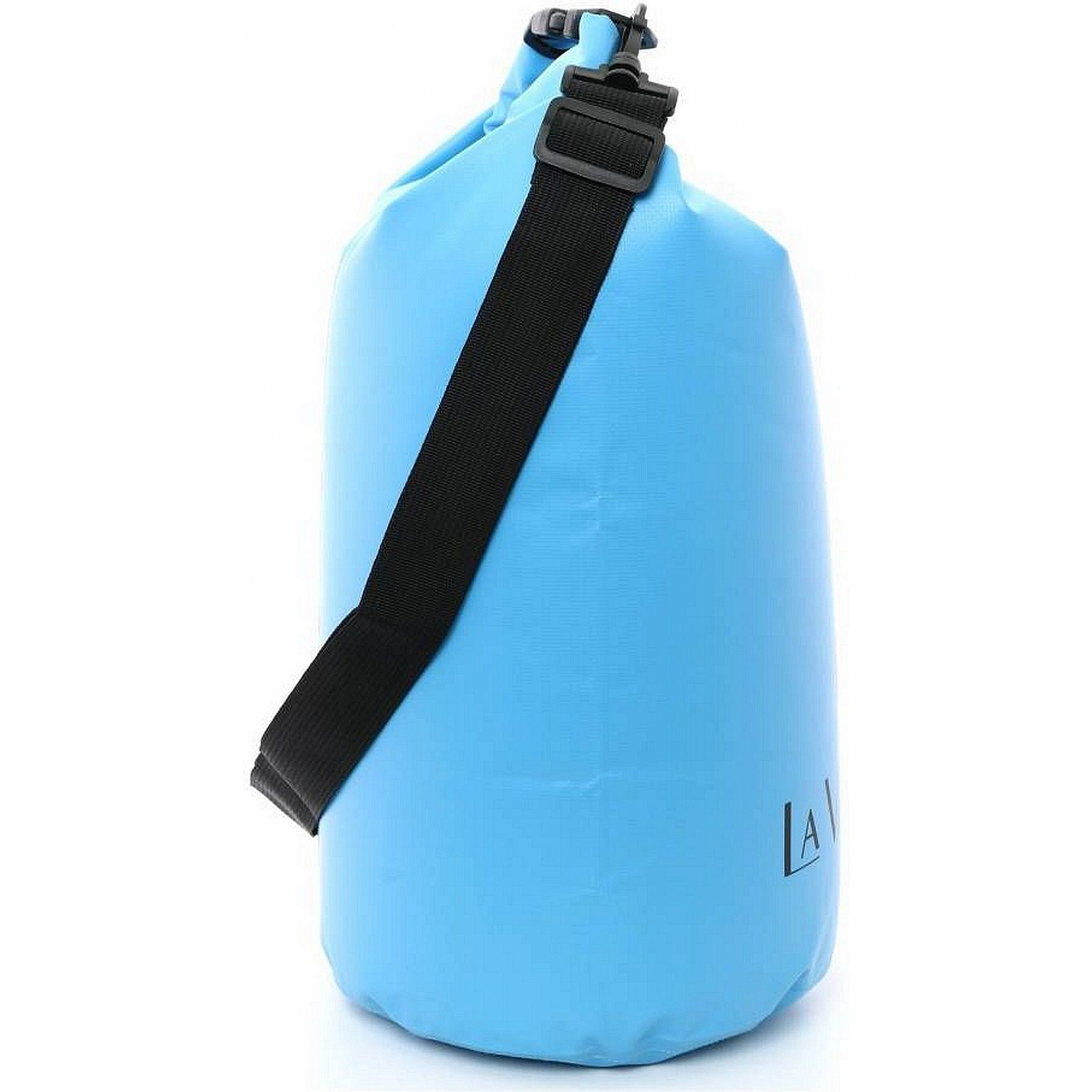 Bolsa cilíndrica azul con correa negra. Es una bolsa impermeable.