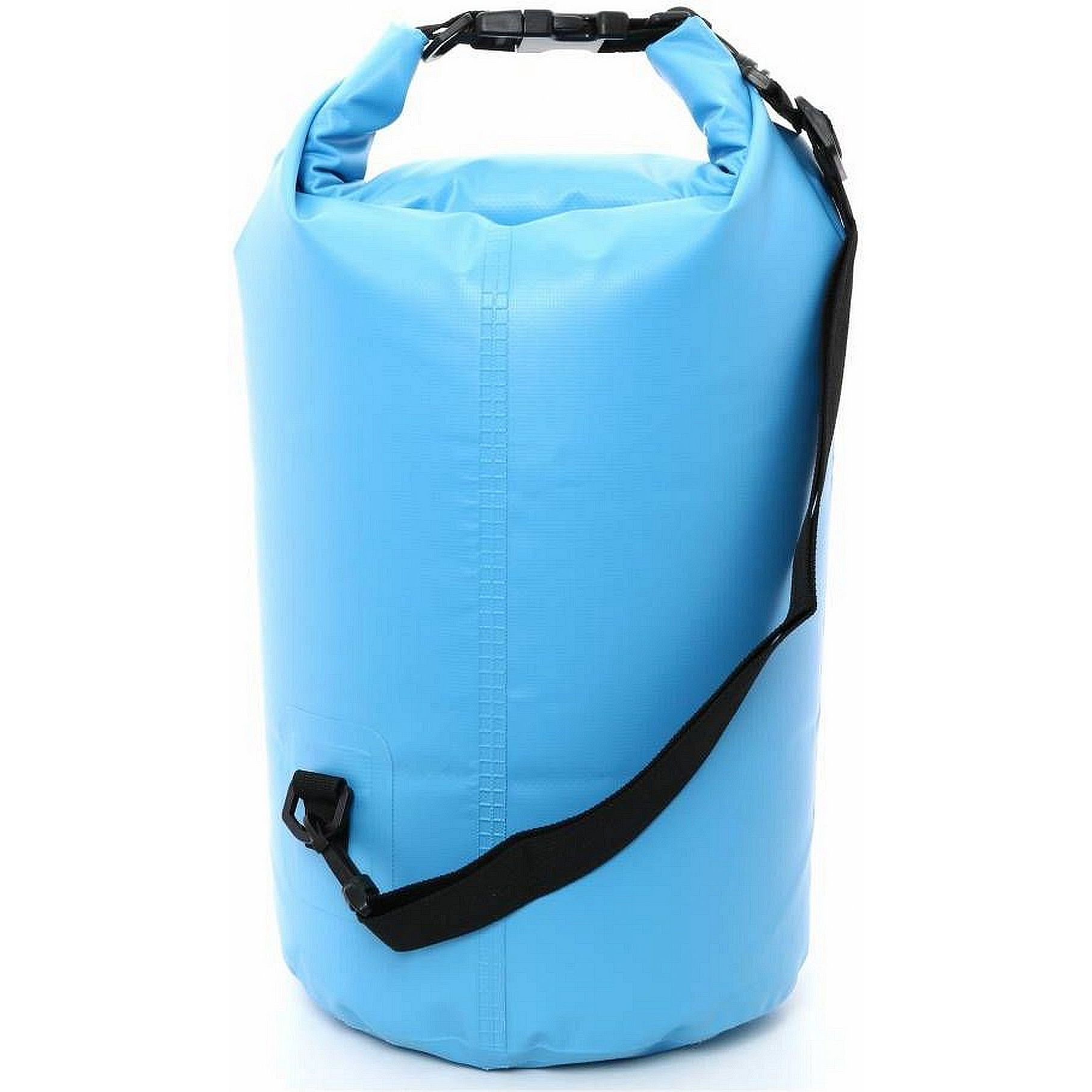 Bolsa seca azul con correa y hebilla negras, parte superior sellada.