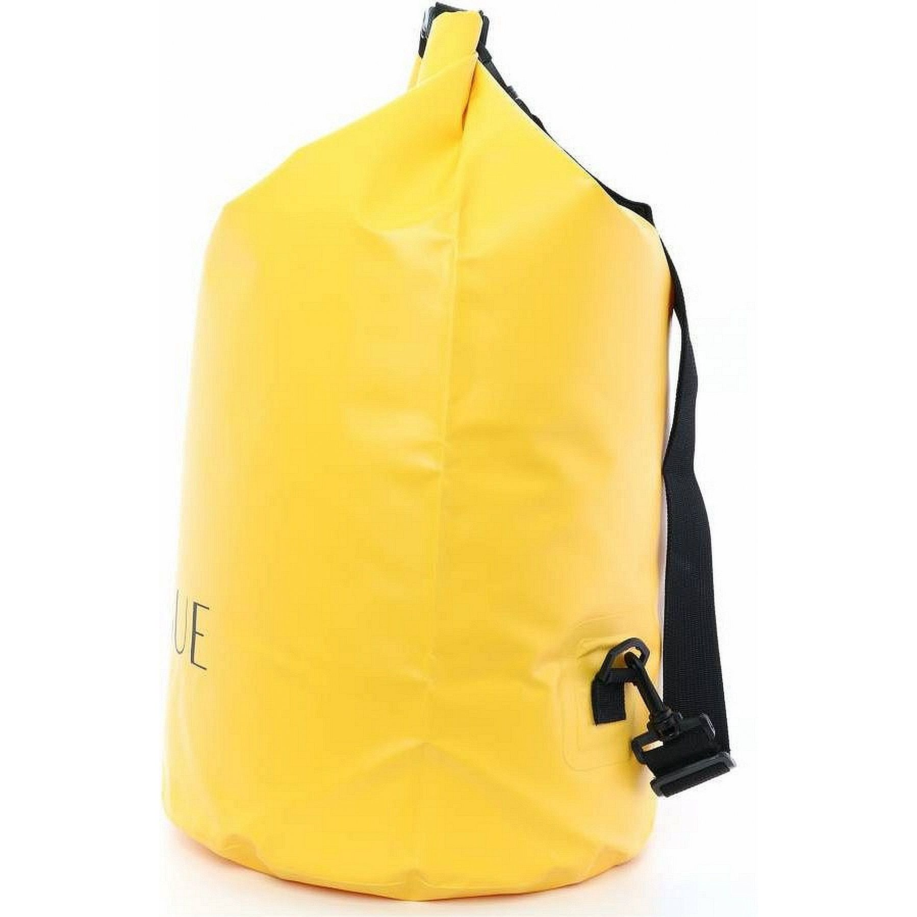 Bolsa seca amarilla, cilíndrica, con correa y hebilla negras.