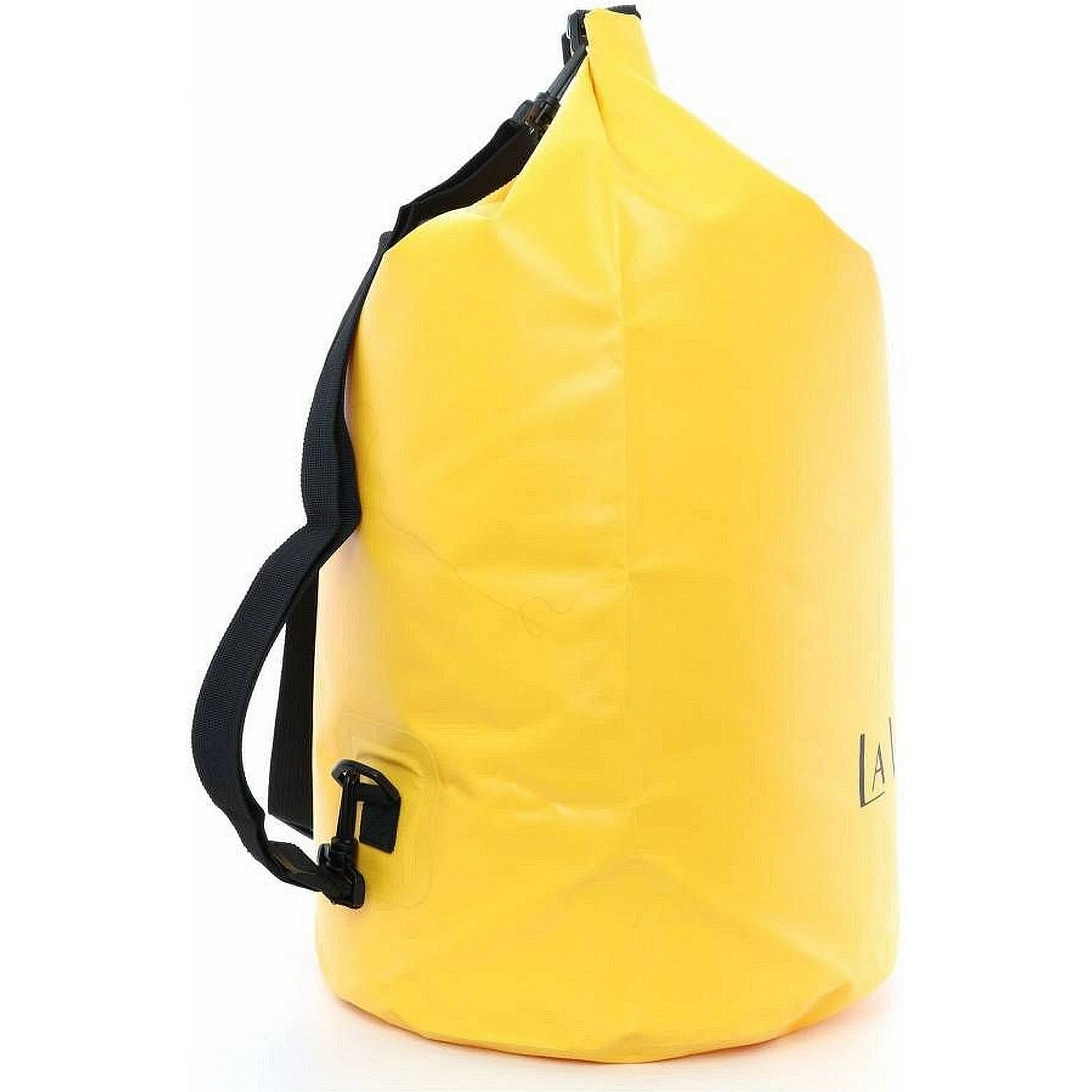Bolsa seca amarilla con correa y hebilla negras, fondo blanco.