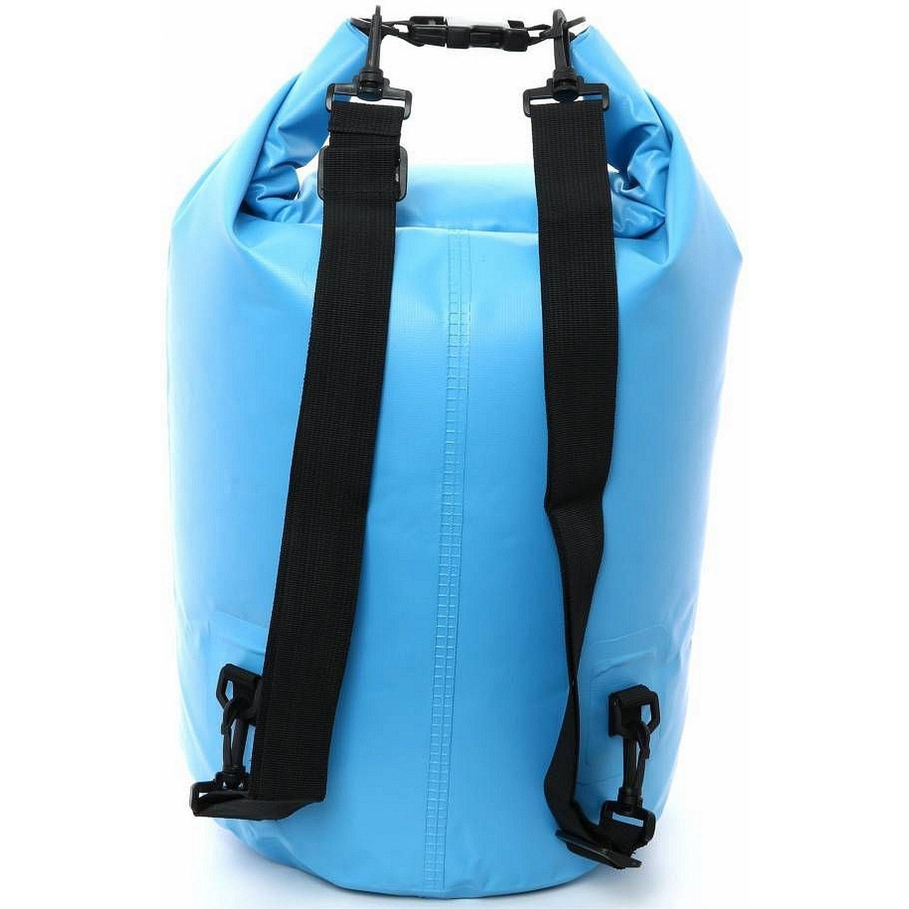 Mochila impermeable azul con correas negras. Características: cierre enrollable y correas ajustables.