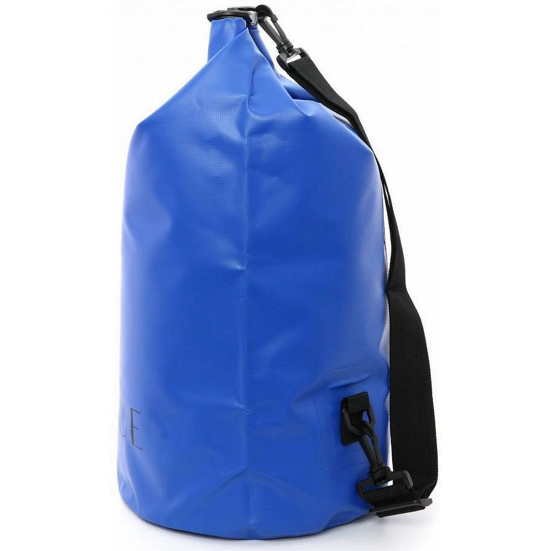 Una bolsa seca impermeable azul con una correa negra y un clip negro. La bolsa tiene un logotipo blanco.