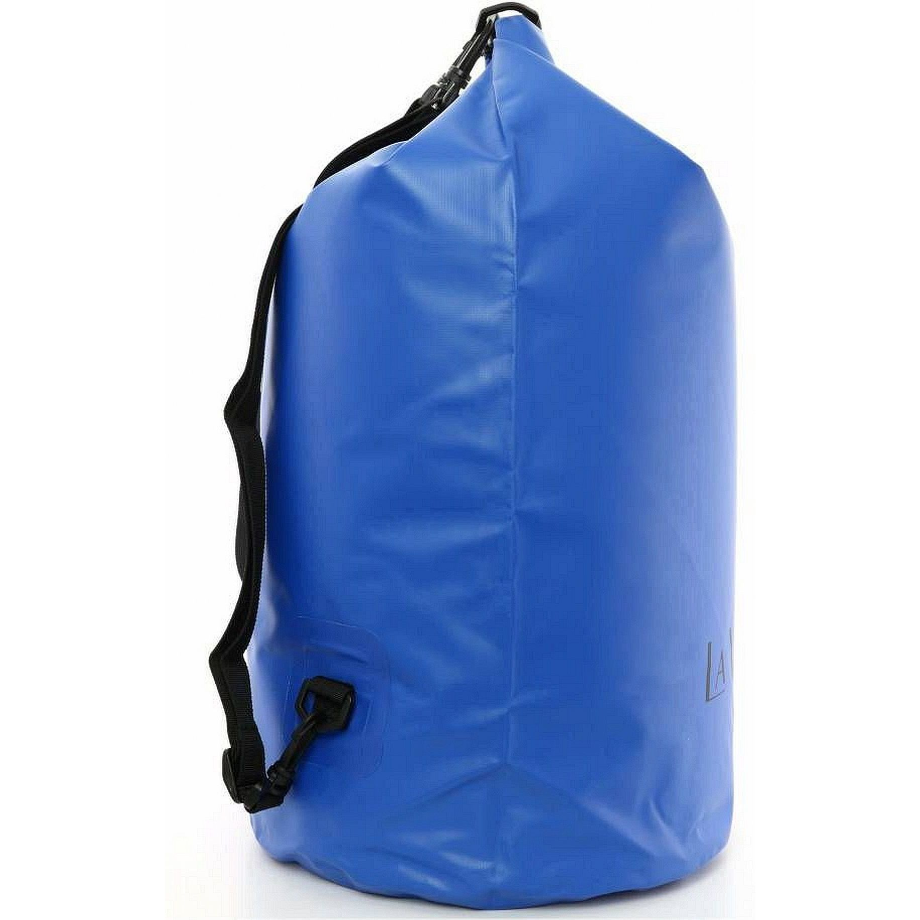 Una bolsa seca azul con una correa negra. Tiene forma cilíndrica y un cierre negro.