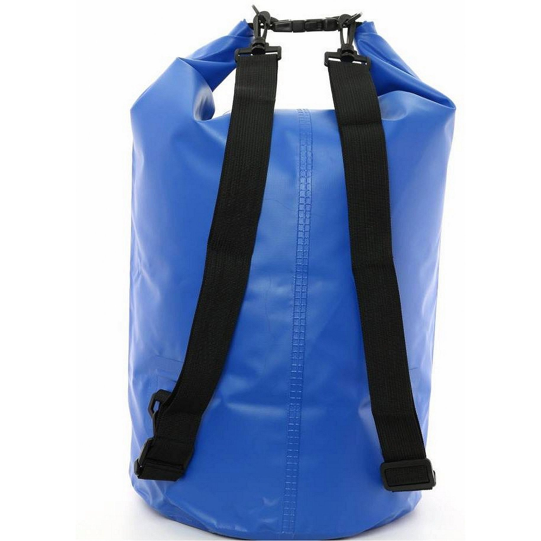 Mochila azul impermeable con correas negras. La bolsa es cilíndrica y está en posición vertical.