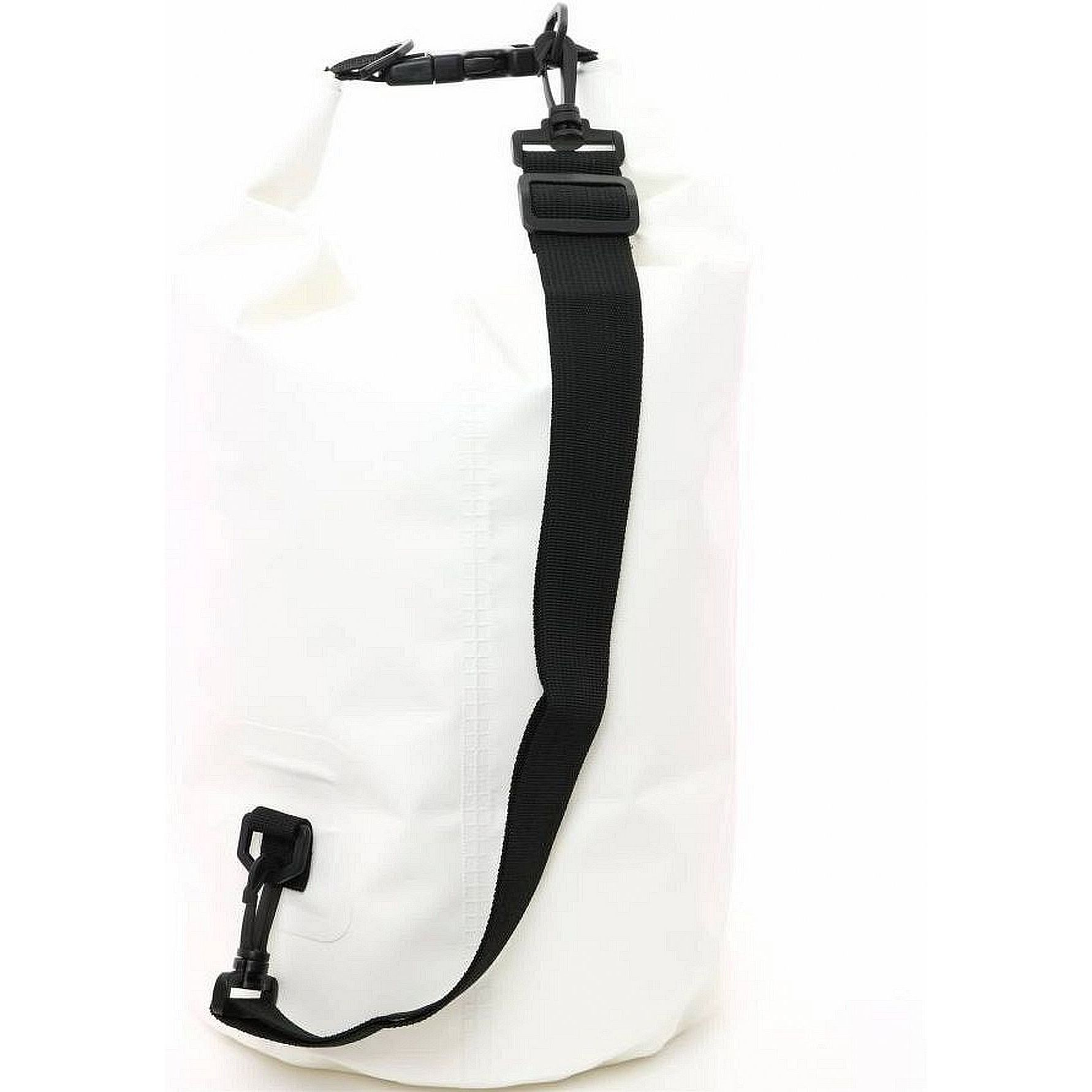 Bolsa seca impermeable blanca con correa y hebilla negras.