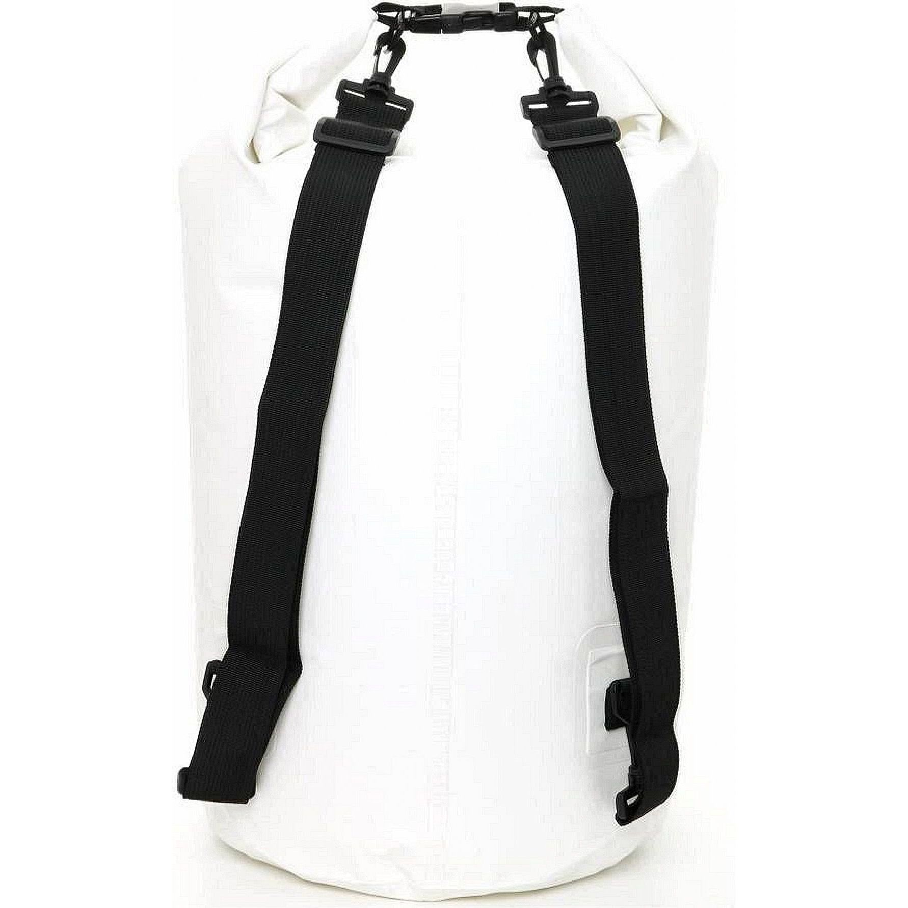 Una bolsa seca cilíndrica blanca con correas y clips negros.