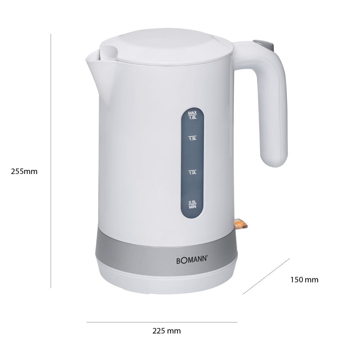 Hervidor eléctrico blanco con base gris, indicador de nivel de agua y asa. Aislado.