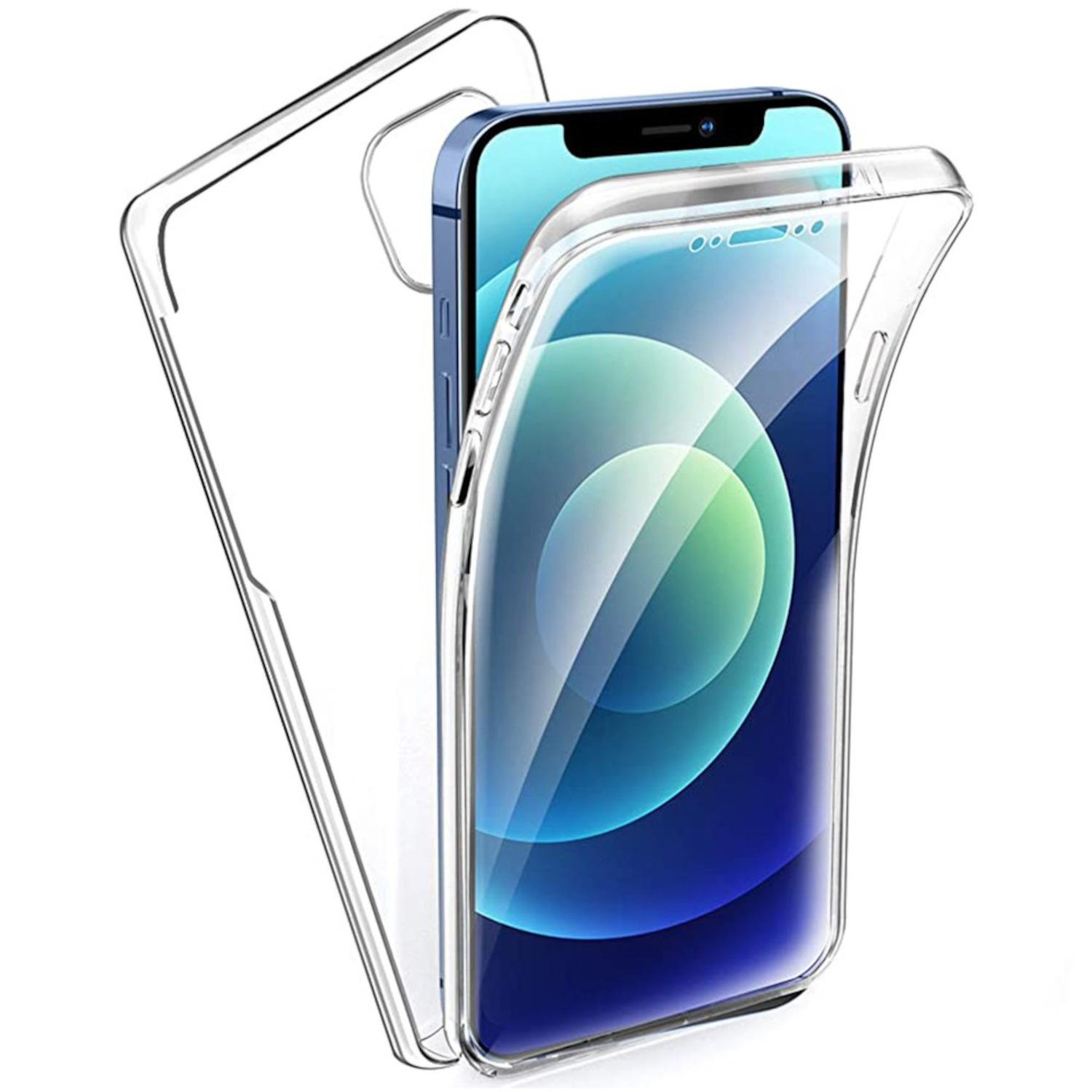 Transparente Handyhülle schützt ein blaues Telefon. Das Gehäuse ist transparent.