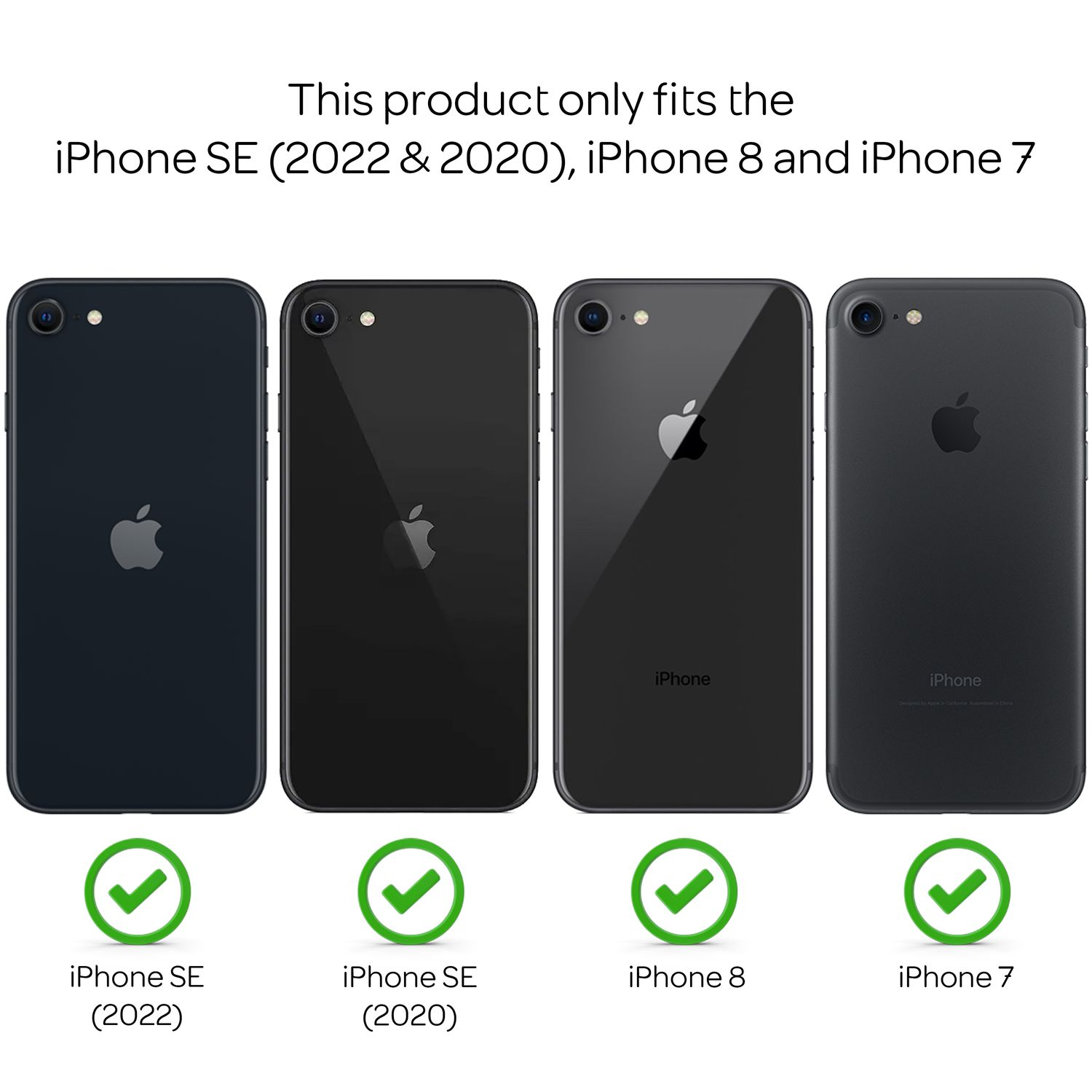 Quatre iPhones noirs avec des coches vertes indiquant la compatibilité. Modèles SE, 8 et 7.