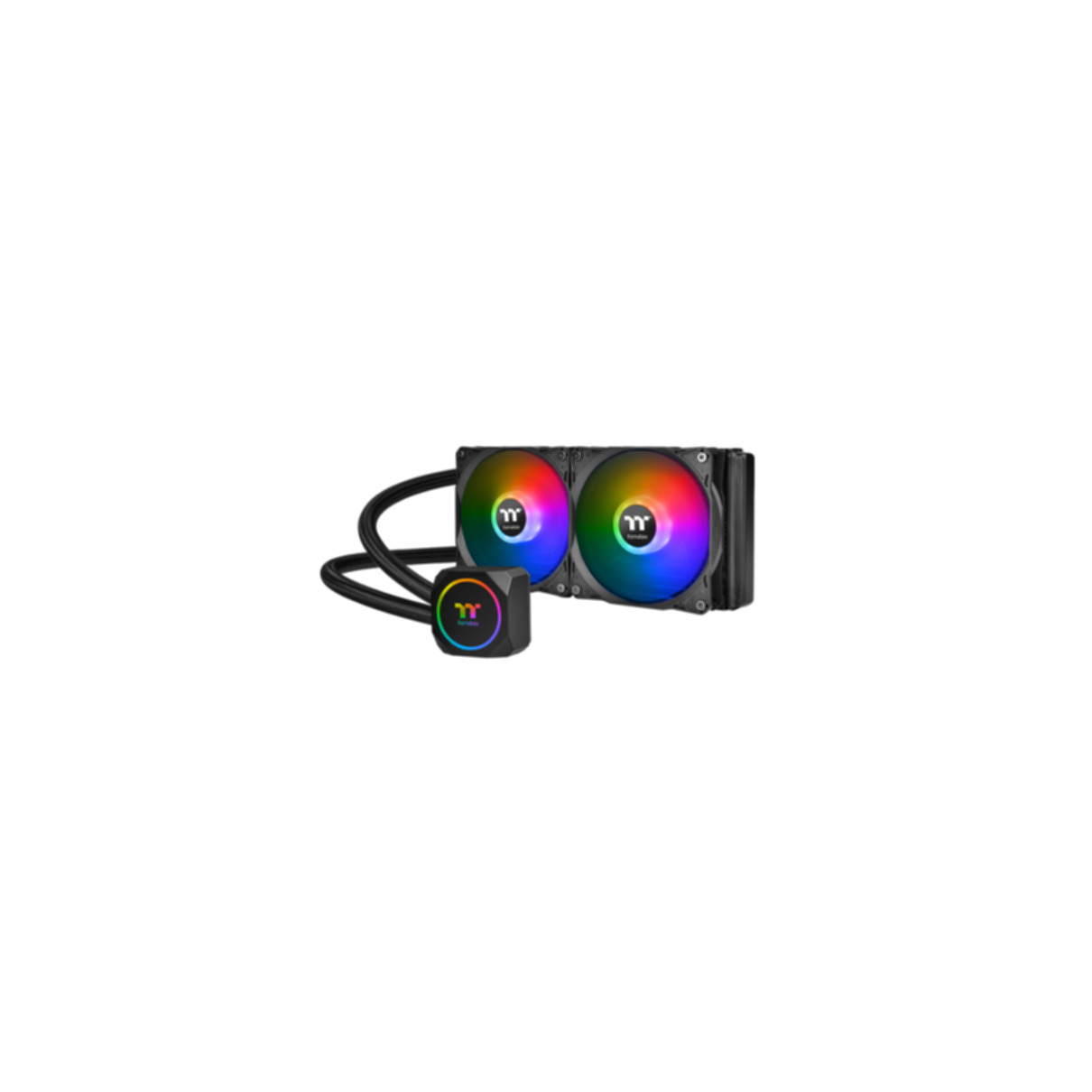 Computer-Kühlsystem mit zwei Lüftern und einer Pumpe. RGB-Lichter.