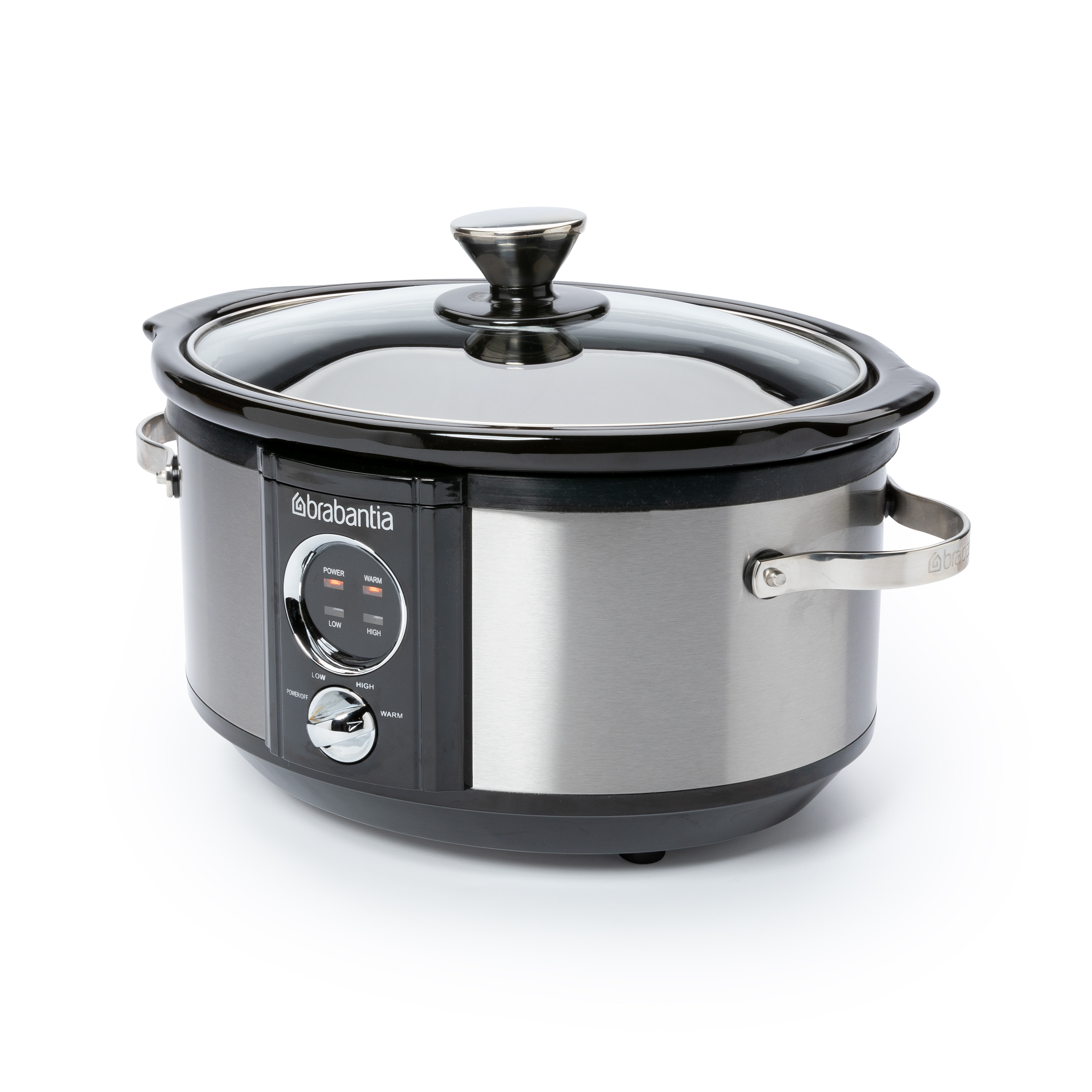 Silber-schwarzer Slow Cooker mit Glasdeckel, Bedienelemente vorne, weißer Hintergrund.
