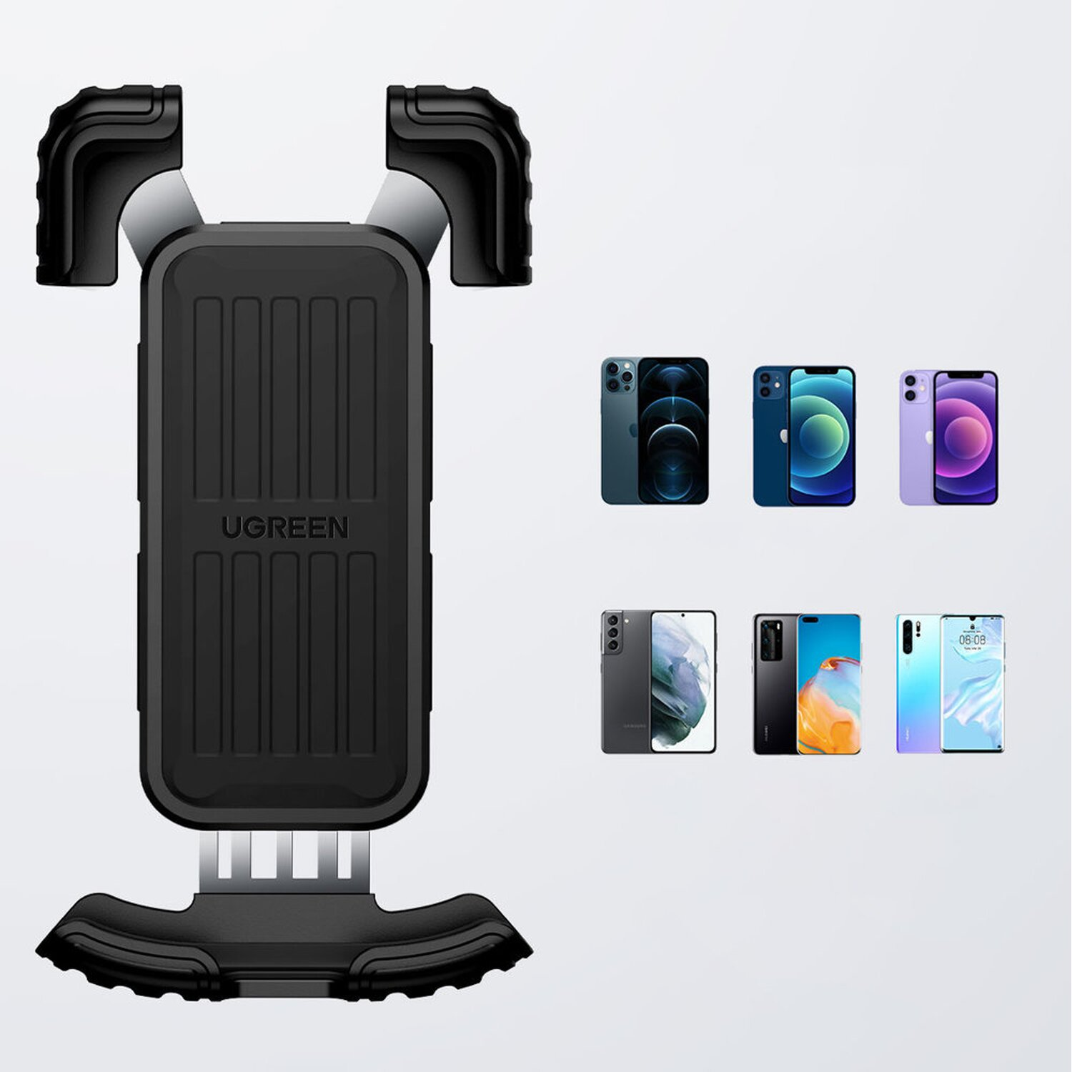 Czarny uchwyt na telefon z logo UGREEN, trzymający różne telefony. Telefony wyświetlane po prawej.