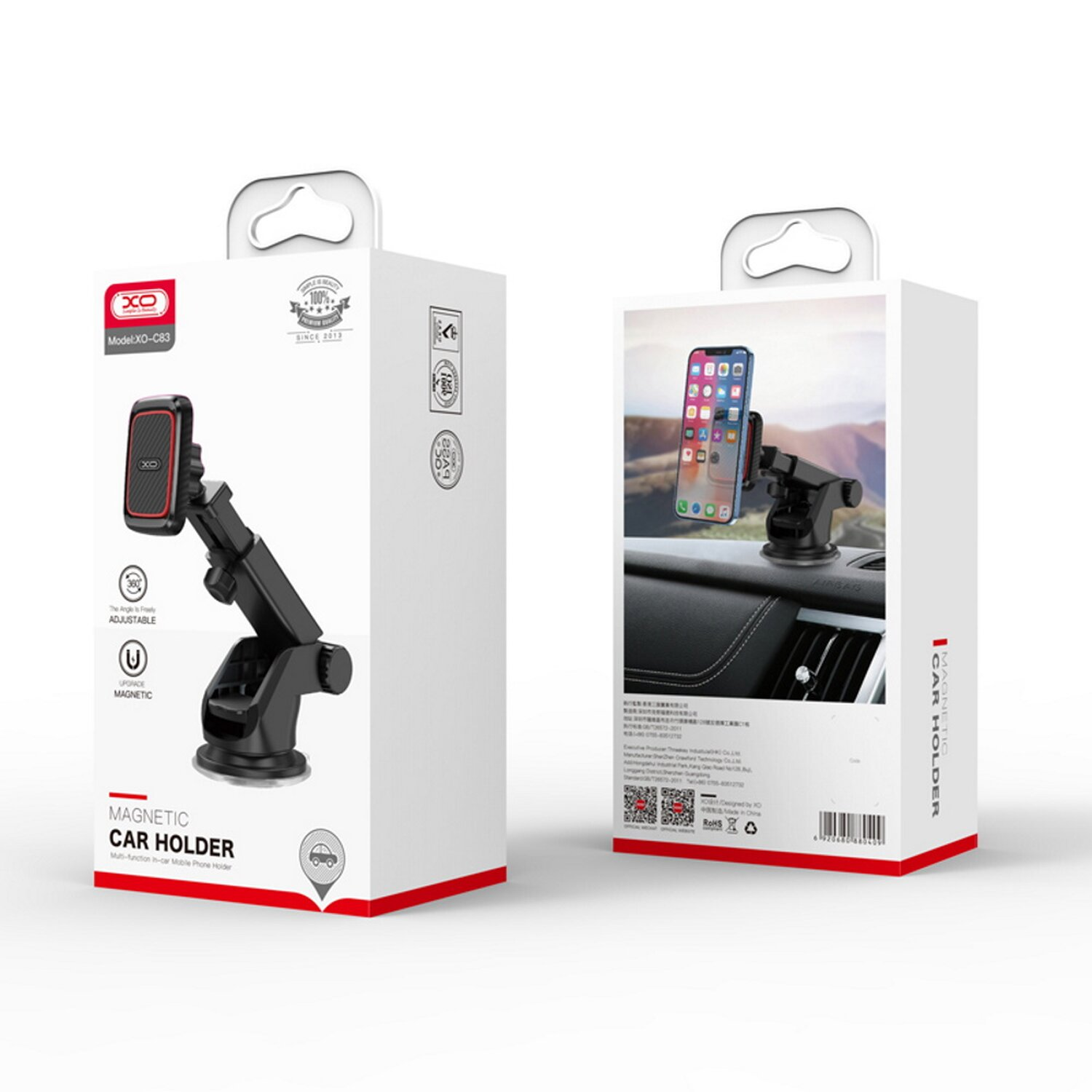 Verpackung für Autotelefonhalter. Weiße Box, Produktbild und Details.