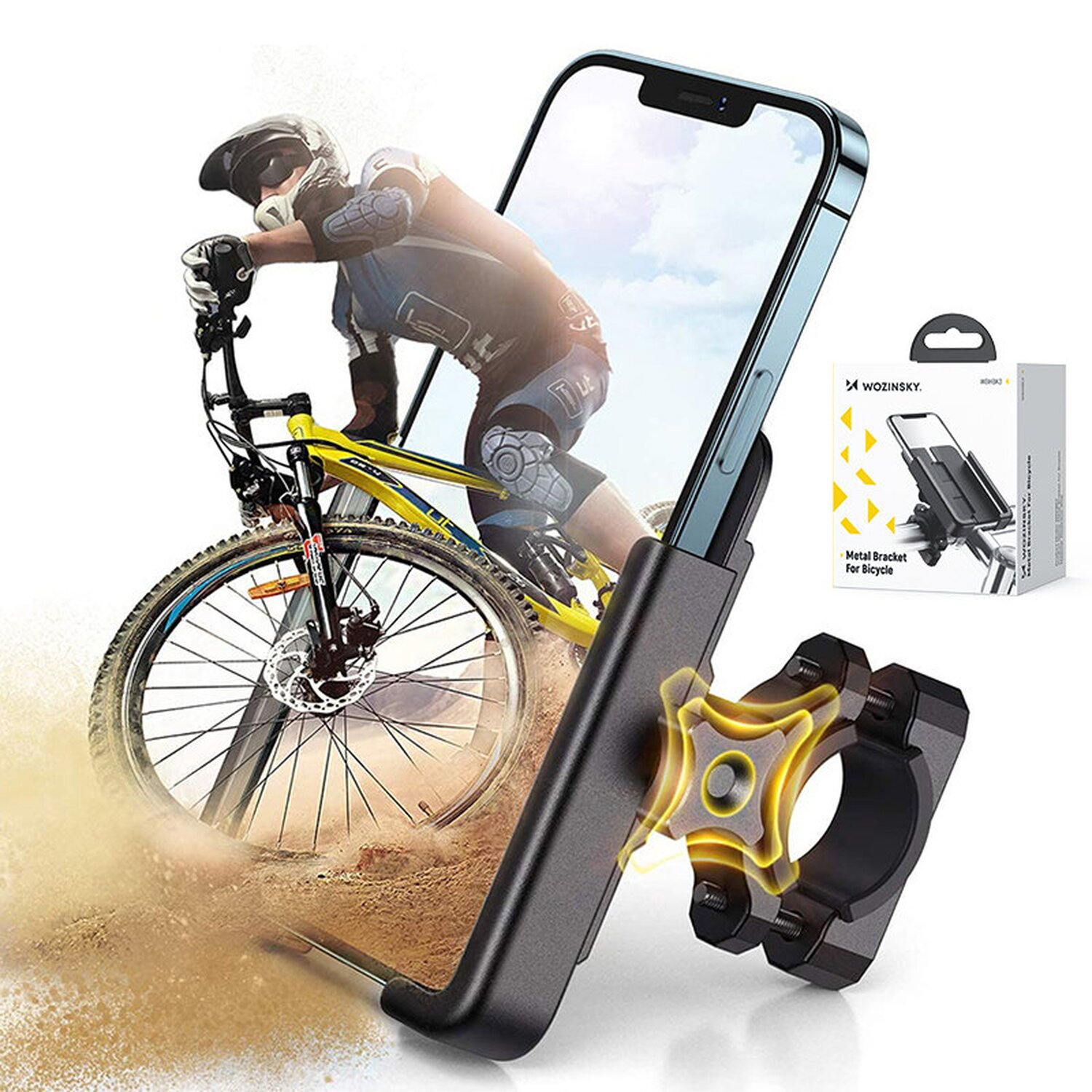 Fahrrad-Telefonhalterung mit Radfahrer auf Mountainbike. Verpackung im Hintergrund.