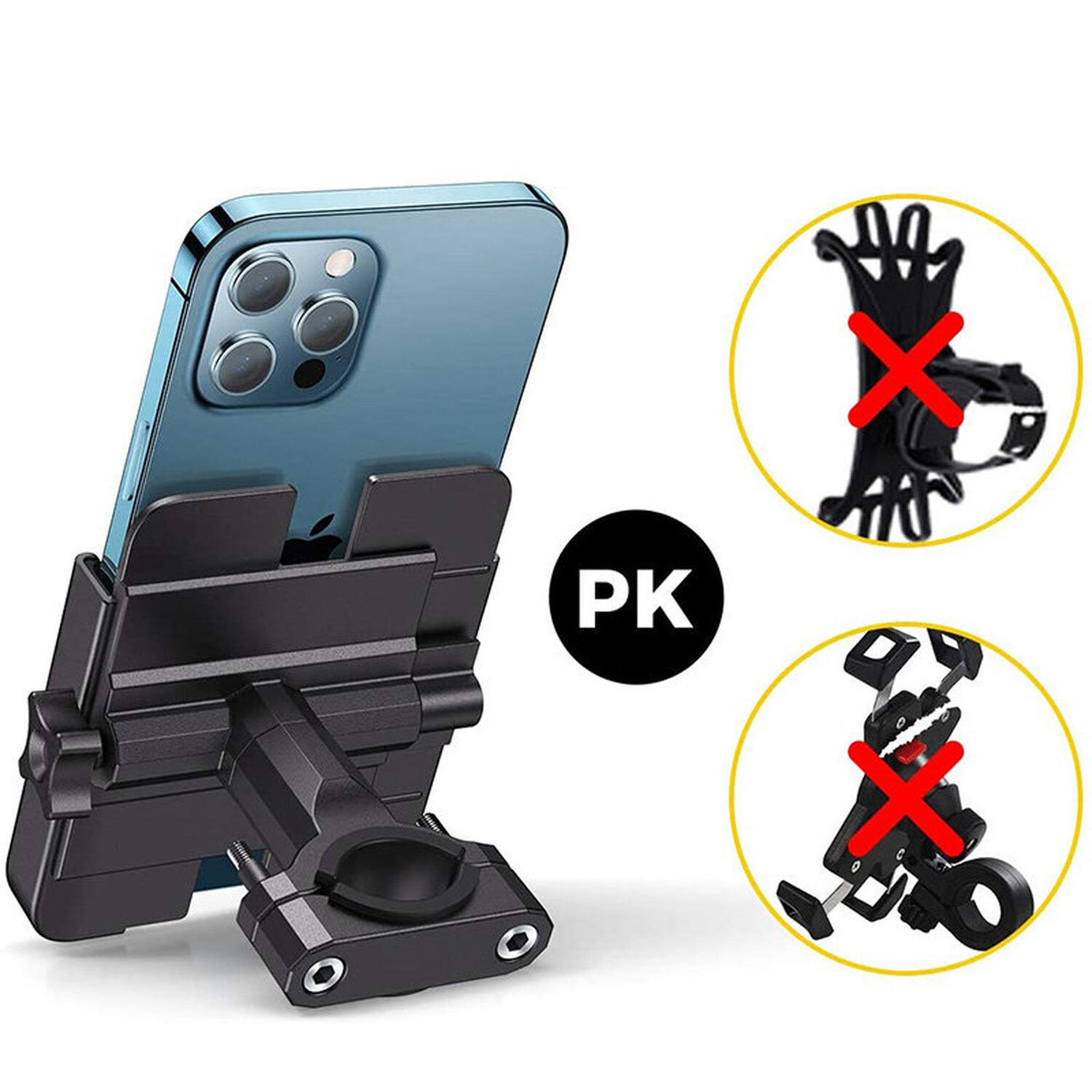 Telefon an schwarzem Halter montiert. Zwei Diagramme zeigen falsche Haltertypen.