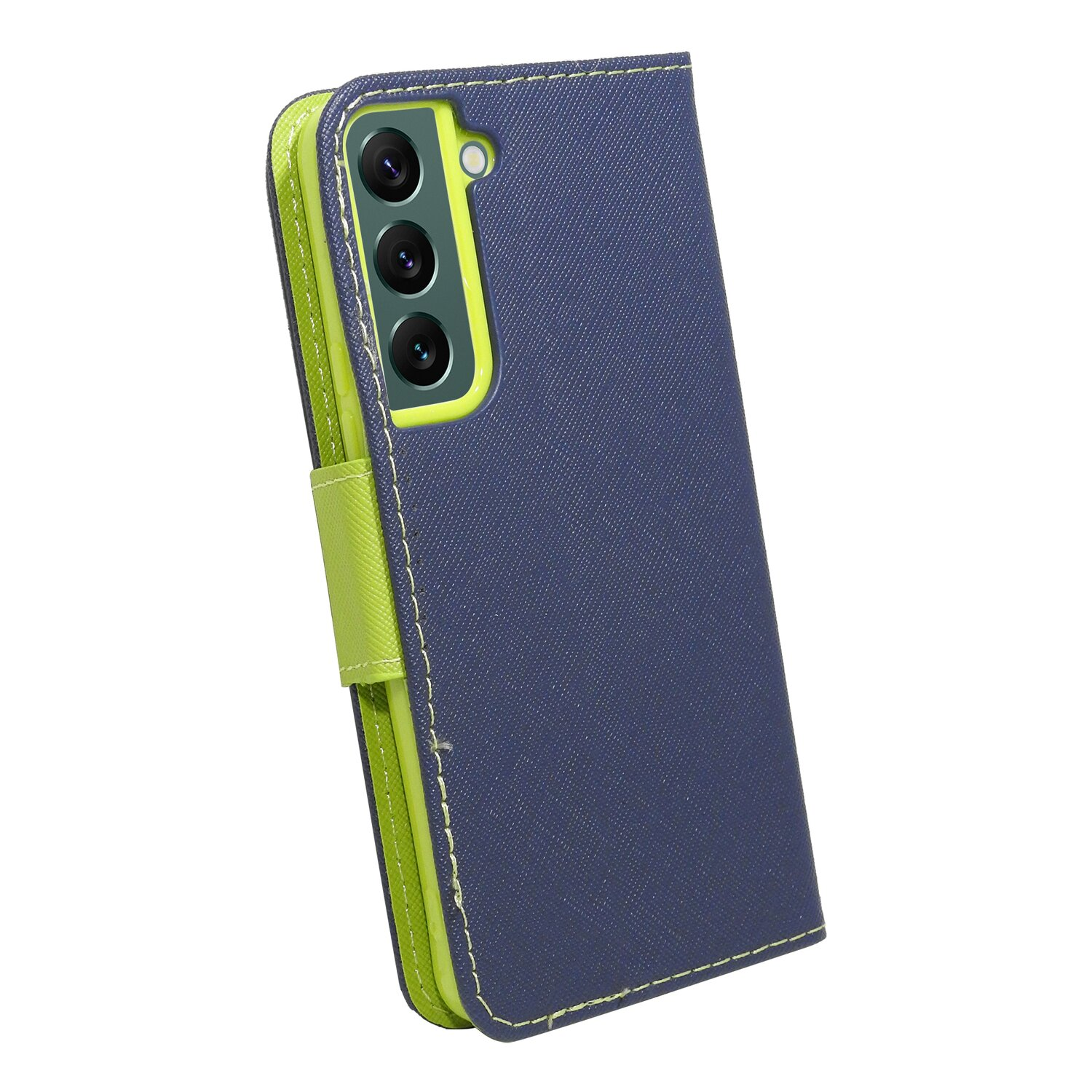 Eine blau-grüne Handyhülle im Brieftaschenstil. Die Hülle ist geschlossen und zeigt ihre Außenseite mit Nähten.