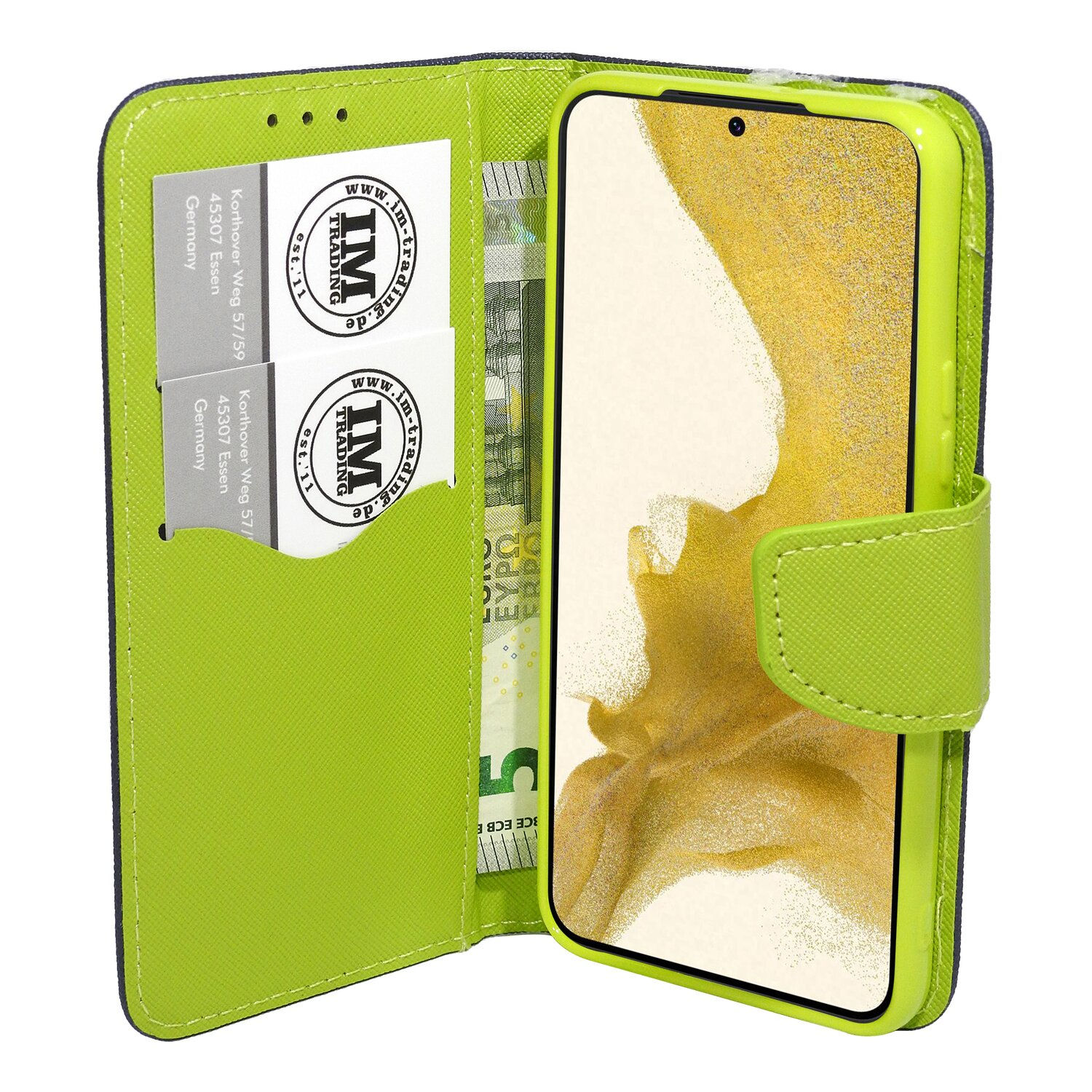 Ein limettengrünes Handycase, geöffnet, mit Handy und Karten, innen ein Fünf-Euro-Schein.