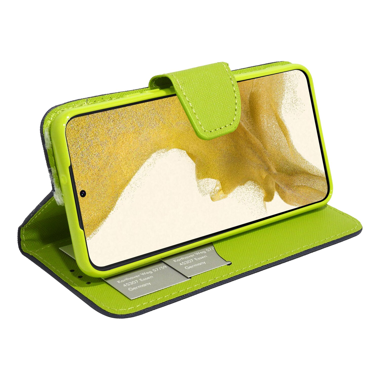 Geöffnete Handyhülle mit grünem Innenraum und einem Handy, das einen gold-gelben Hintergrund anzeigt.