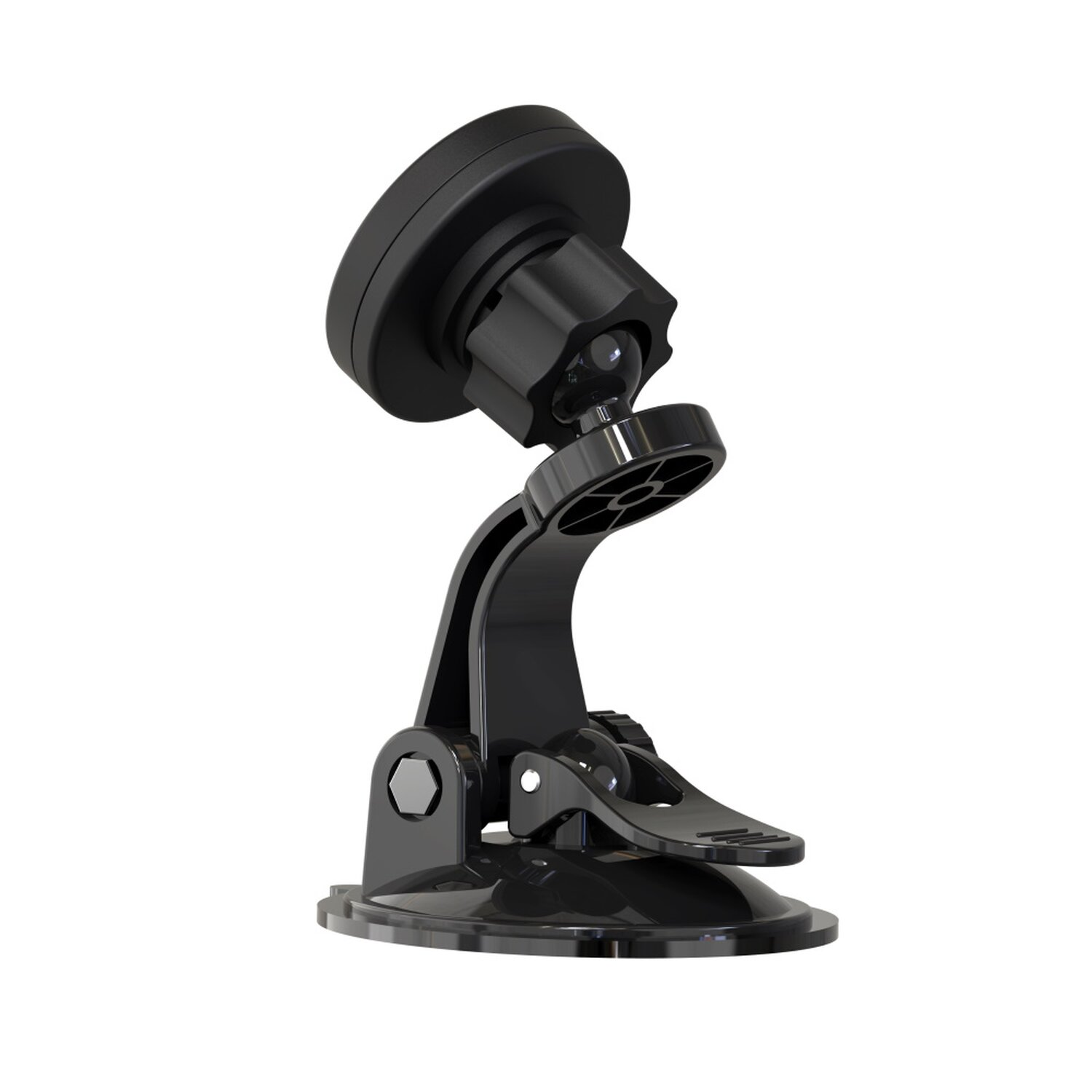 Schwarzer Kfz-Telefonhalter. Er hat eine runde Basis, einen flexiblen Arm und eine Telefonklemme.