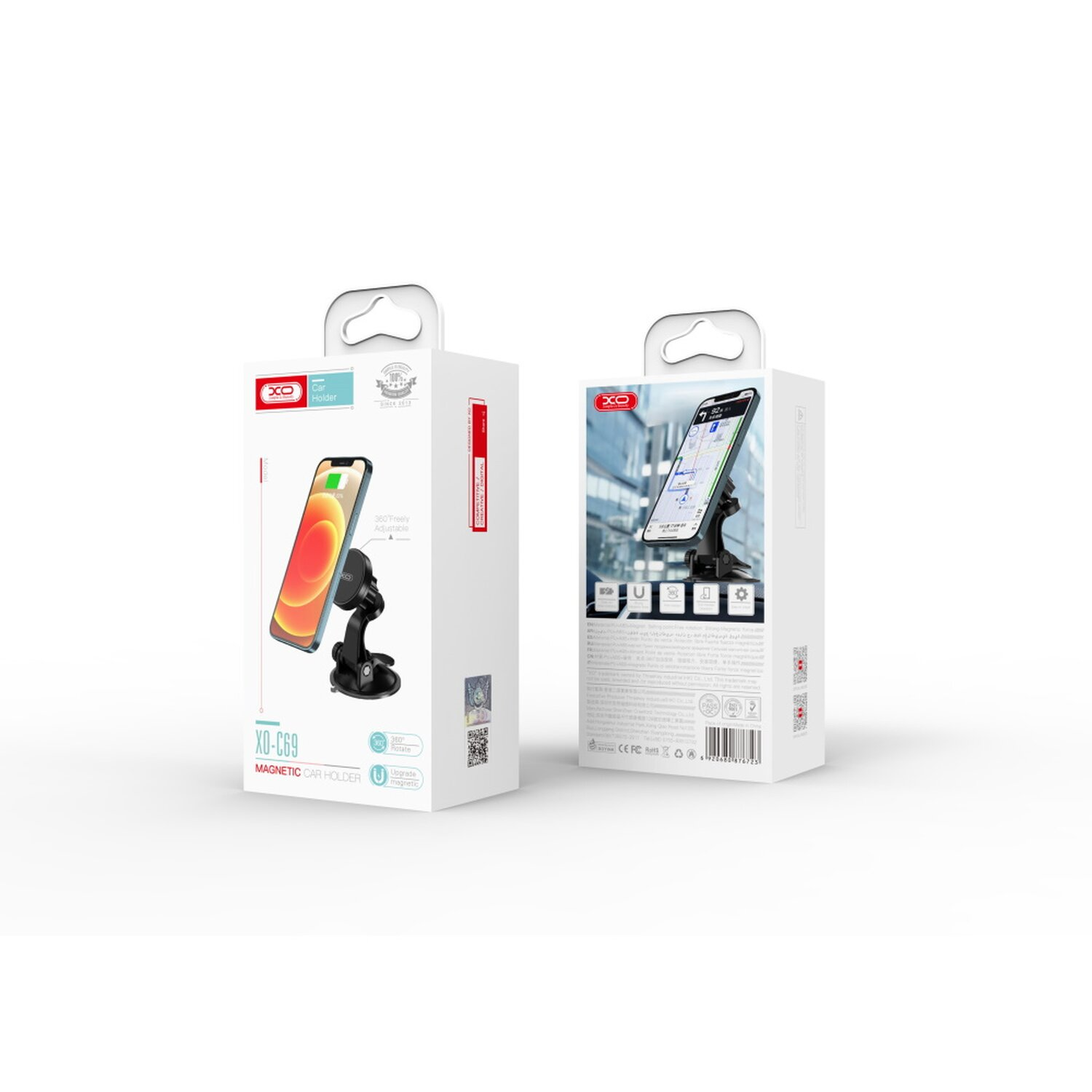 Zwei weiße Kartons mit einem Handyhalter, Produktdetails und Handy-Visualisierungen.