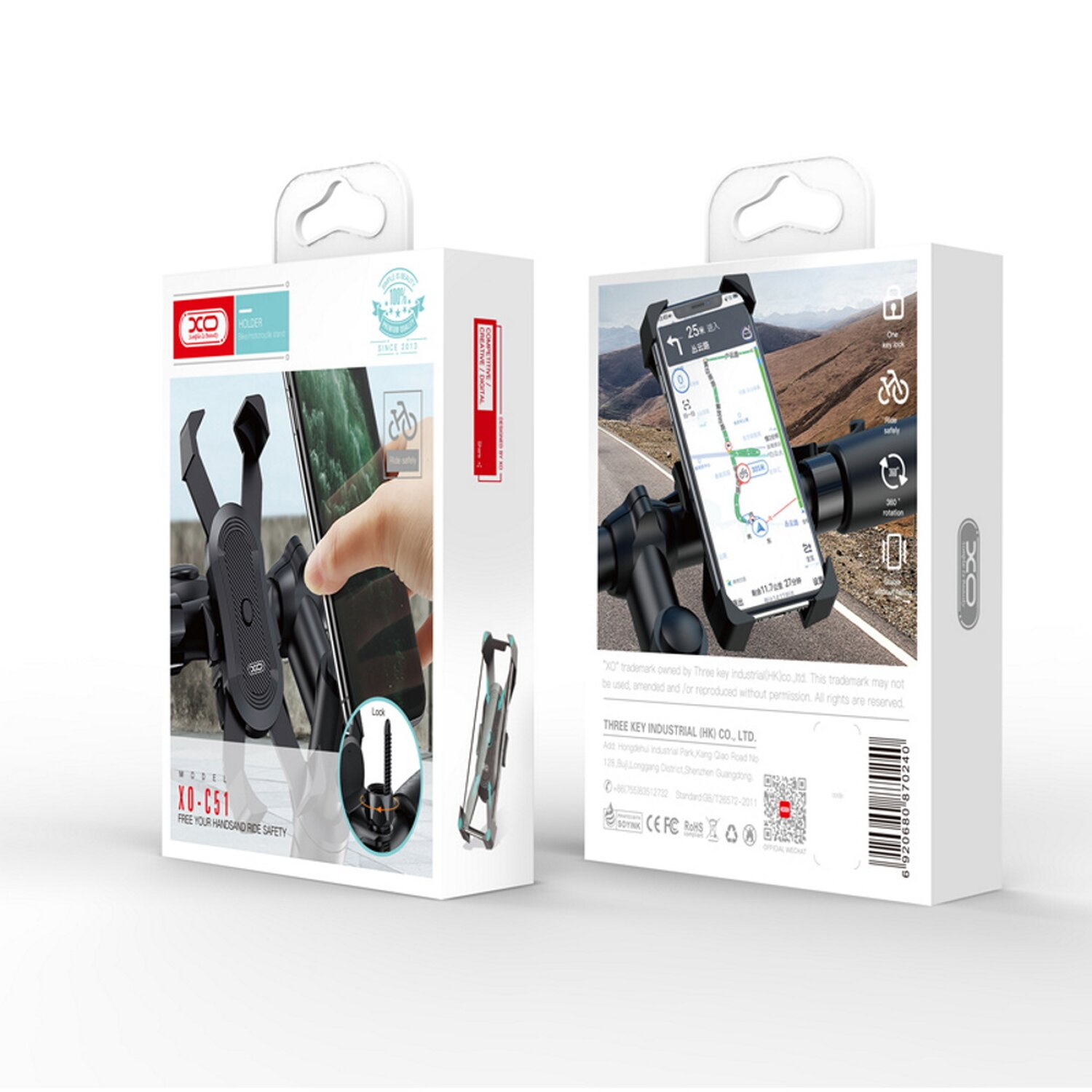 Smartphone-Halterung in Verpackung, zeigt die Produktanwendung und ein Telefon im Halter.