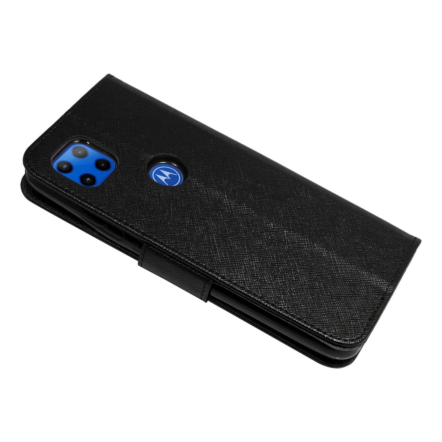 Schwarze Handyhülle mit Telefon, blaue Kamera und Logo.