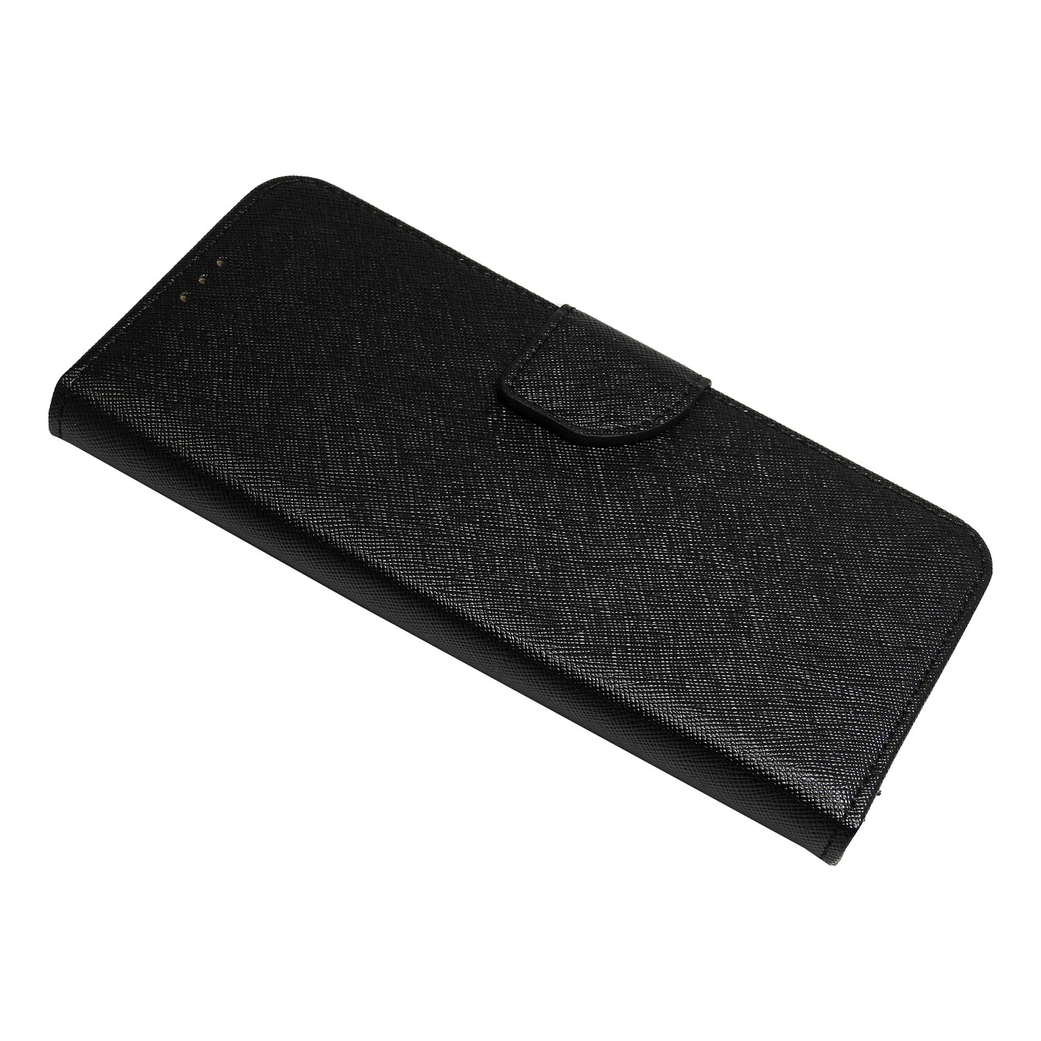 Schwarze Leder-Handyhülle. Es ist geschlossen, mit einem Magnetverschluss und einer strukturierten Oberfläche.