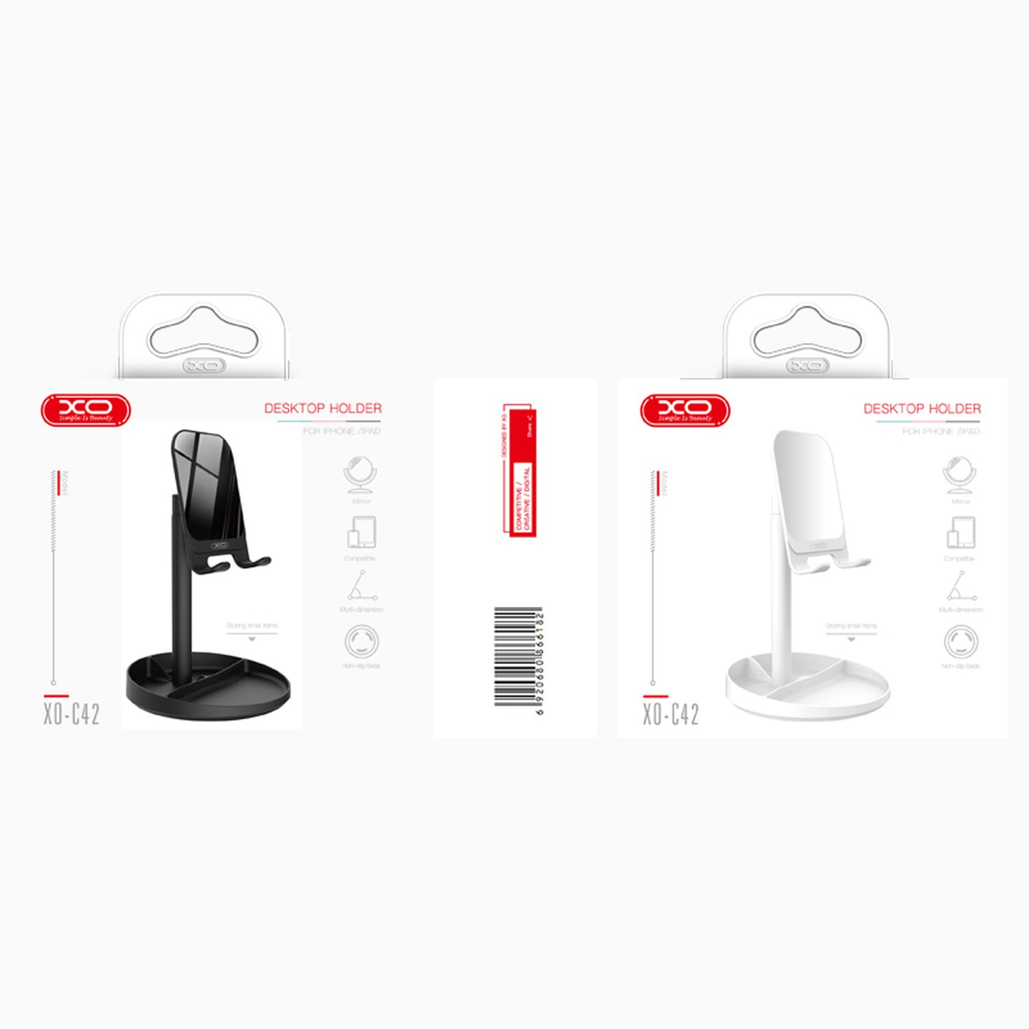 Desktop-Halterung für ein Telefon. Schwarze und weiße Versionen werden nebeneinander gezeigt. Produktverpackung vorhanden.