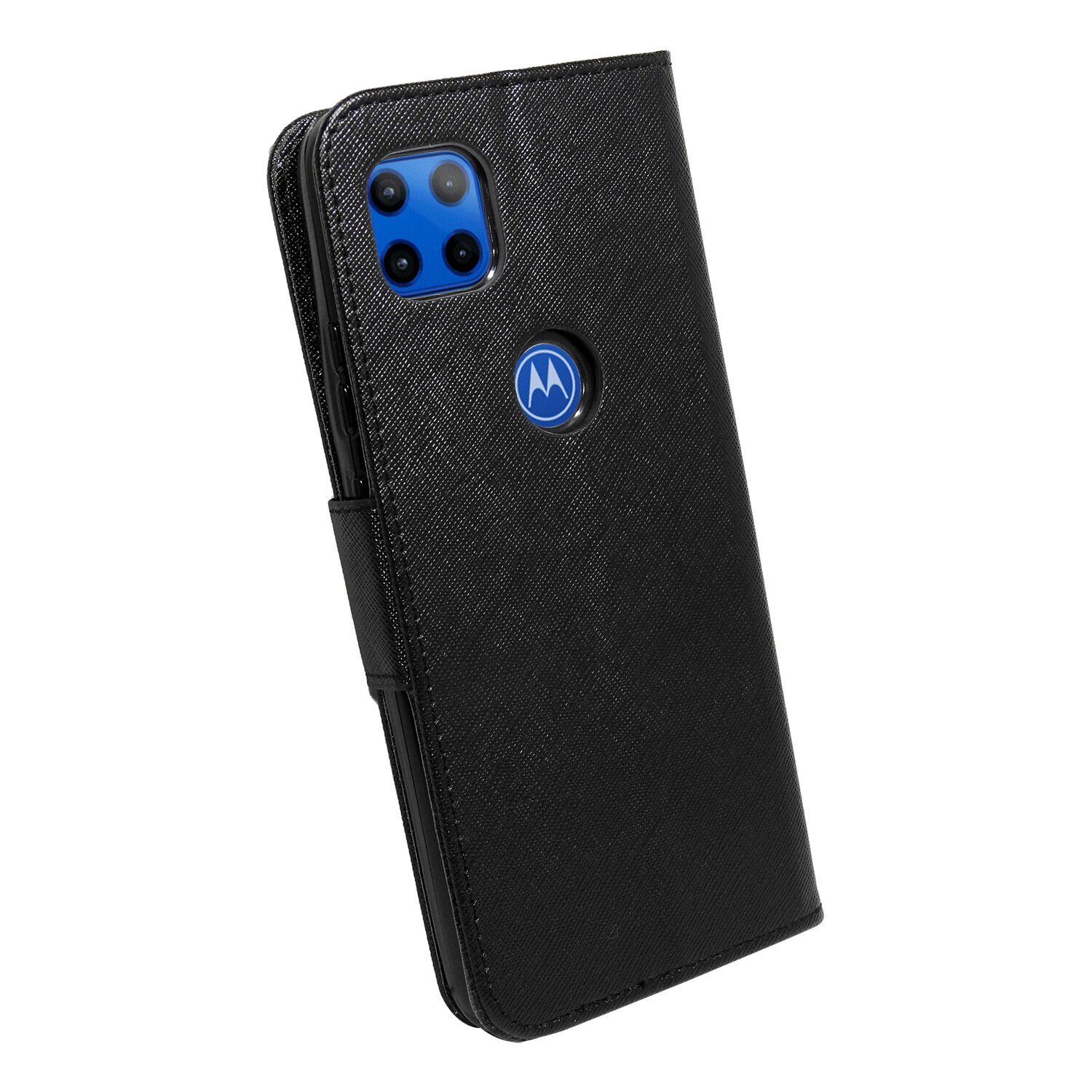 Schwarze Motorola-Handyhülle mit blauem Kameramodul und Logo.