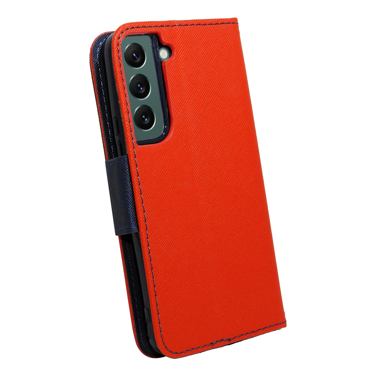 Eine rote Handyhülle mit blauem Innenraum, für ein Smartphone.