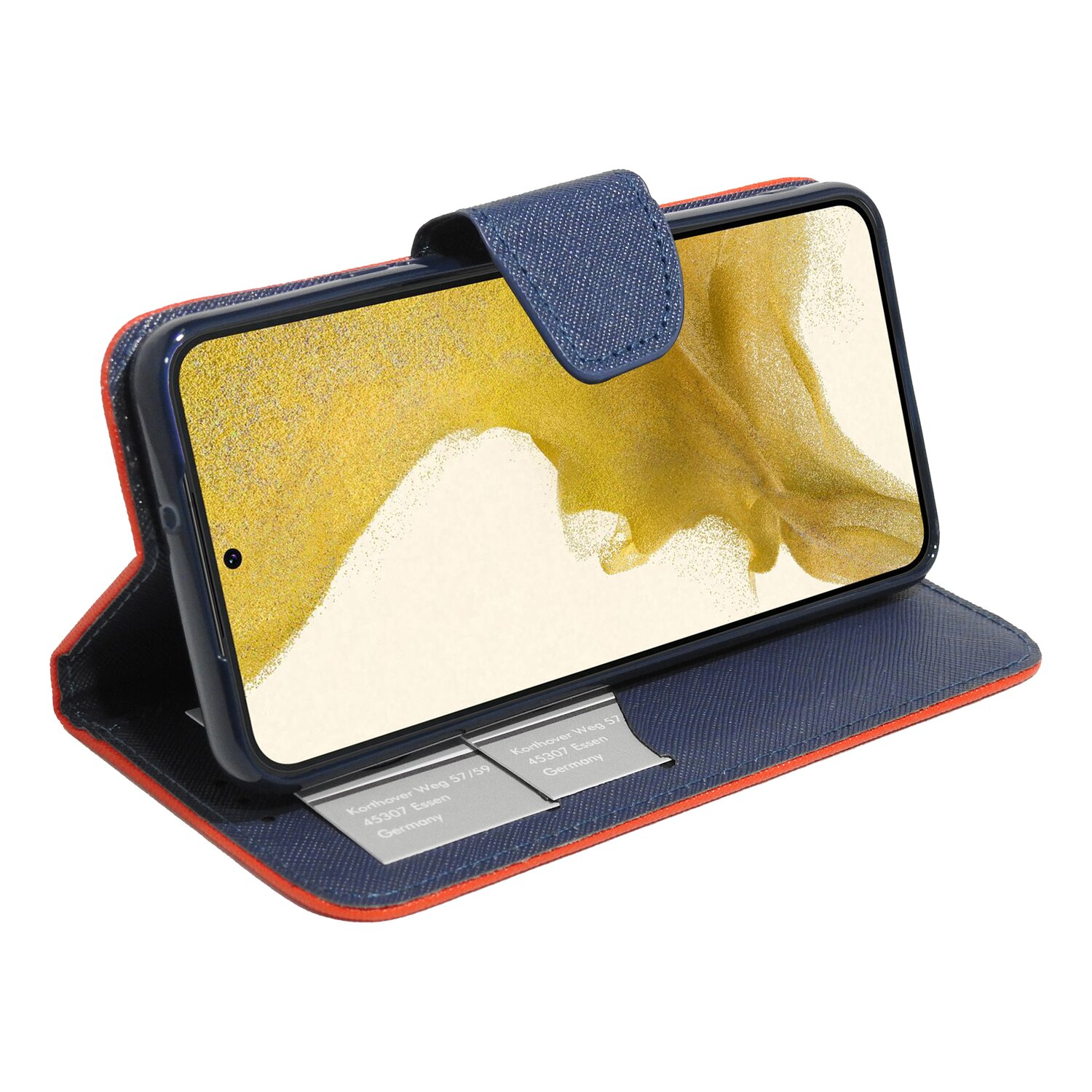 Handyhülle mit blauem und orangefarbenem Design, mit einem Telefon darin. Das Telefon zeigt einen Bildschirm.