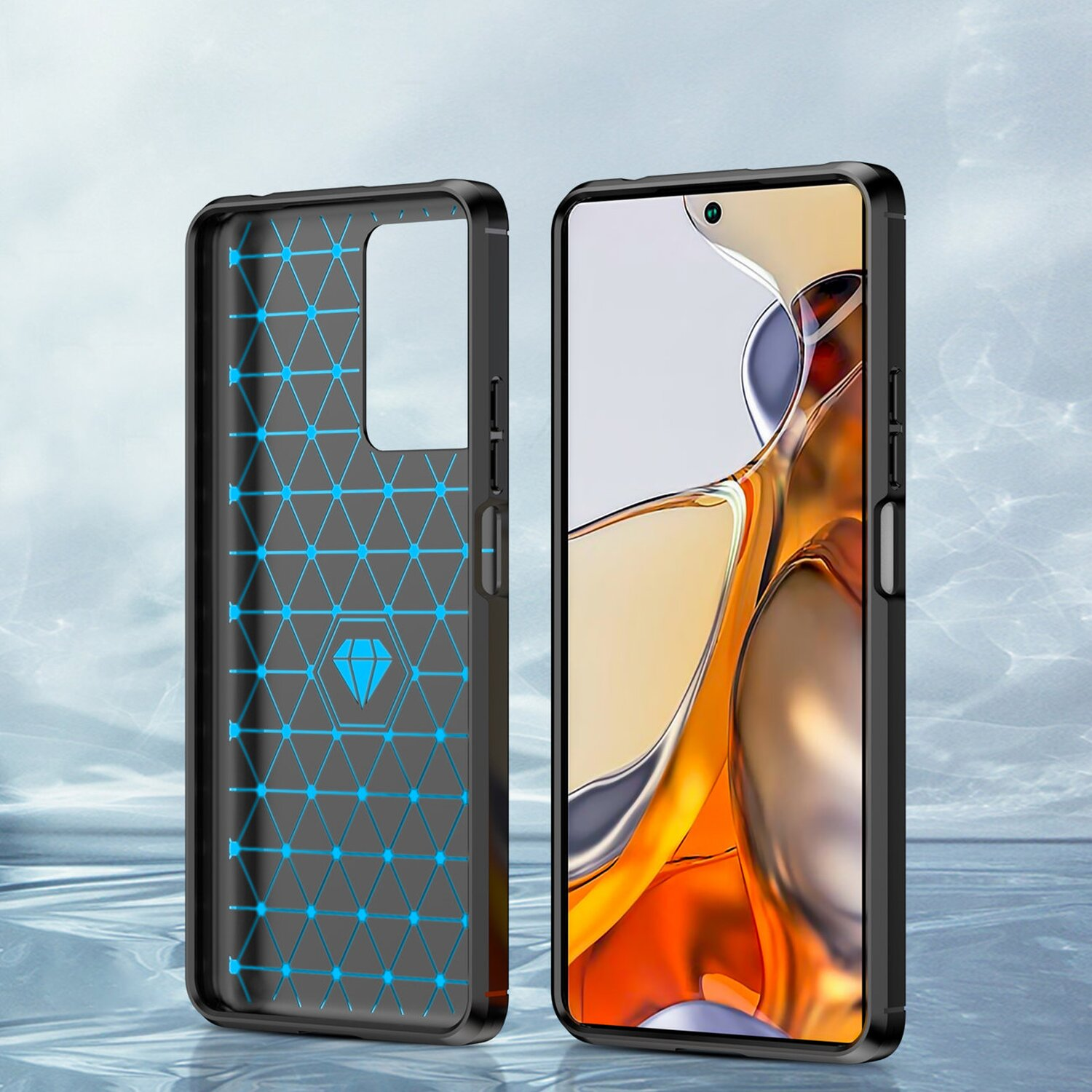 Handyhülle mit schwarzem Rahmen und transparentem Rücken mit blauem geometrischem Design.