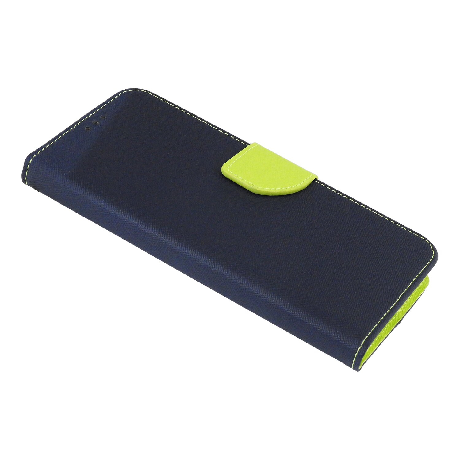 Dunkelblaue Handyhülle mit limettengrünem Verschluss.
