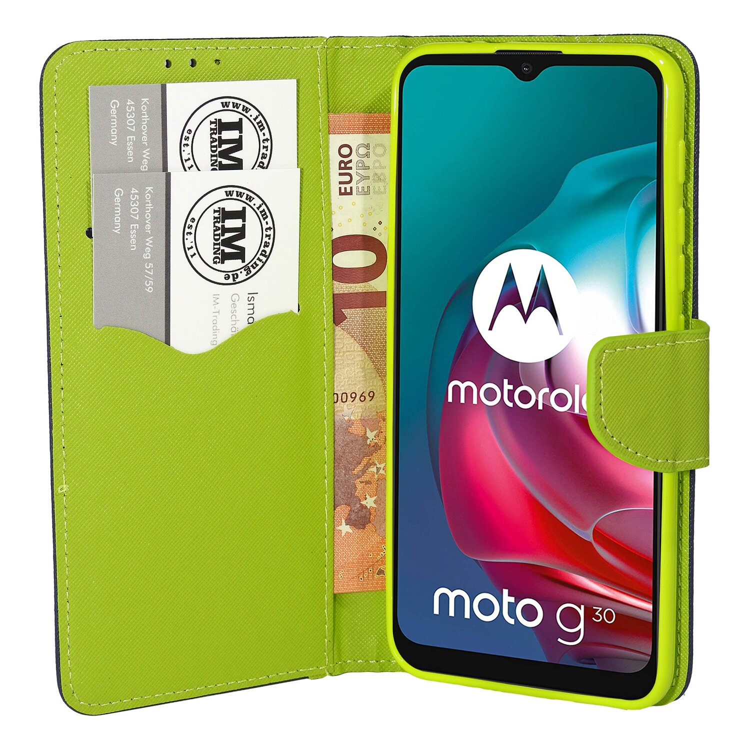 MOTO Blau-Grün Buch Motorola, G30, Tasche, Bookcover, COFI
