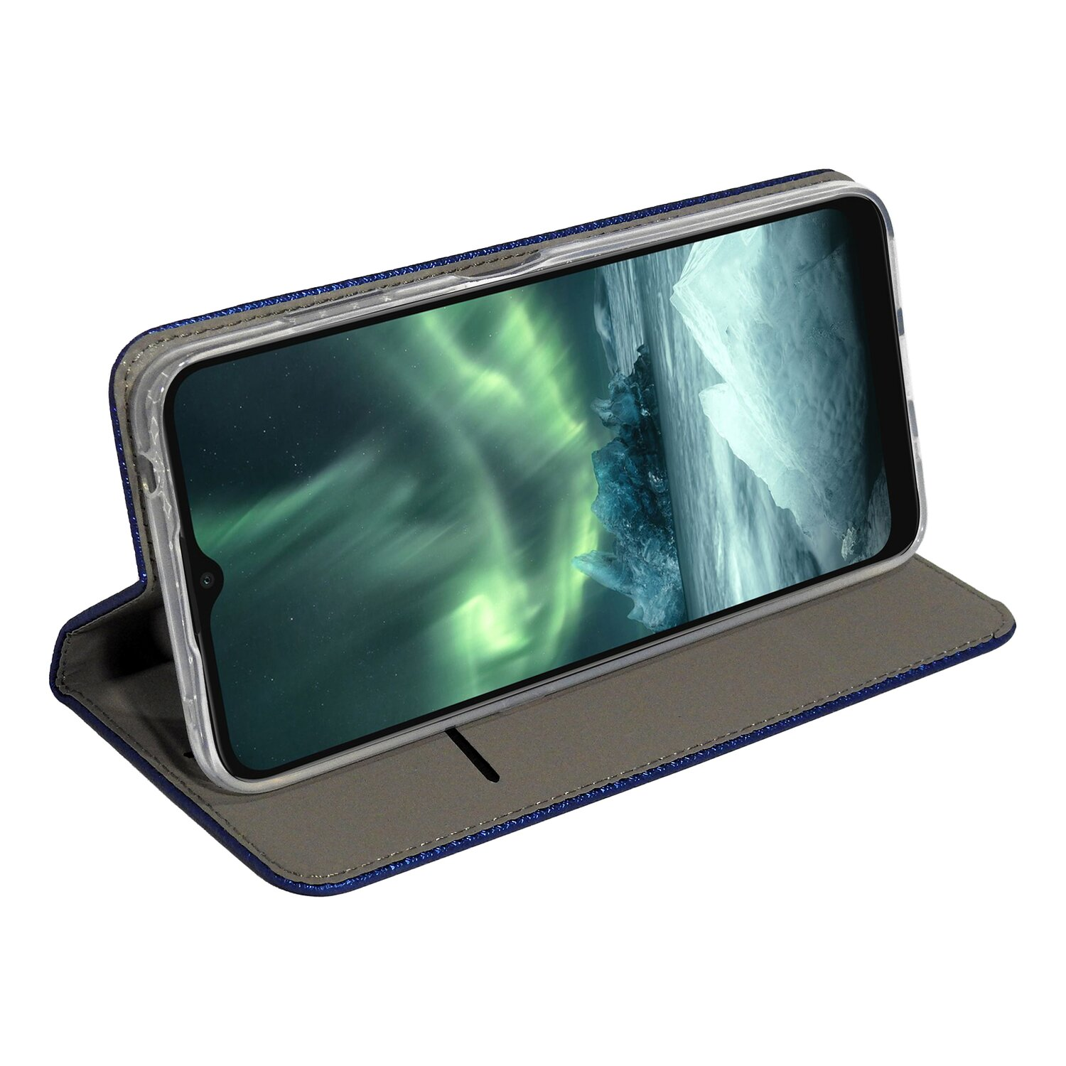 Ein Telefon in einer blauen Hülle, geöffnet, um ein Display mit szenischem Hintergrund zu zeigen.