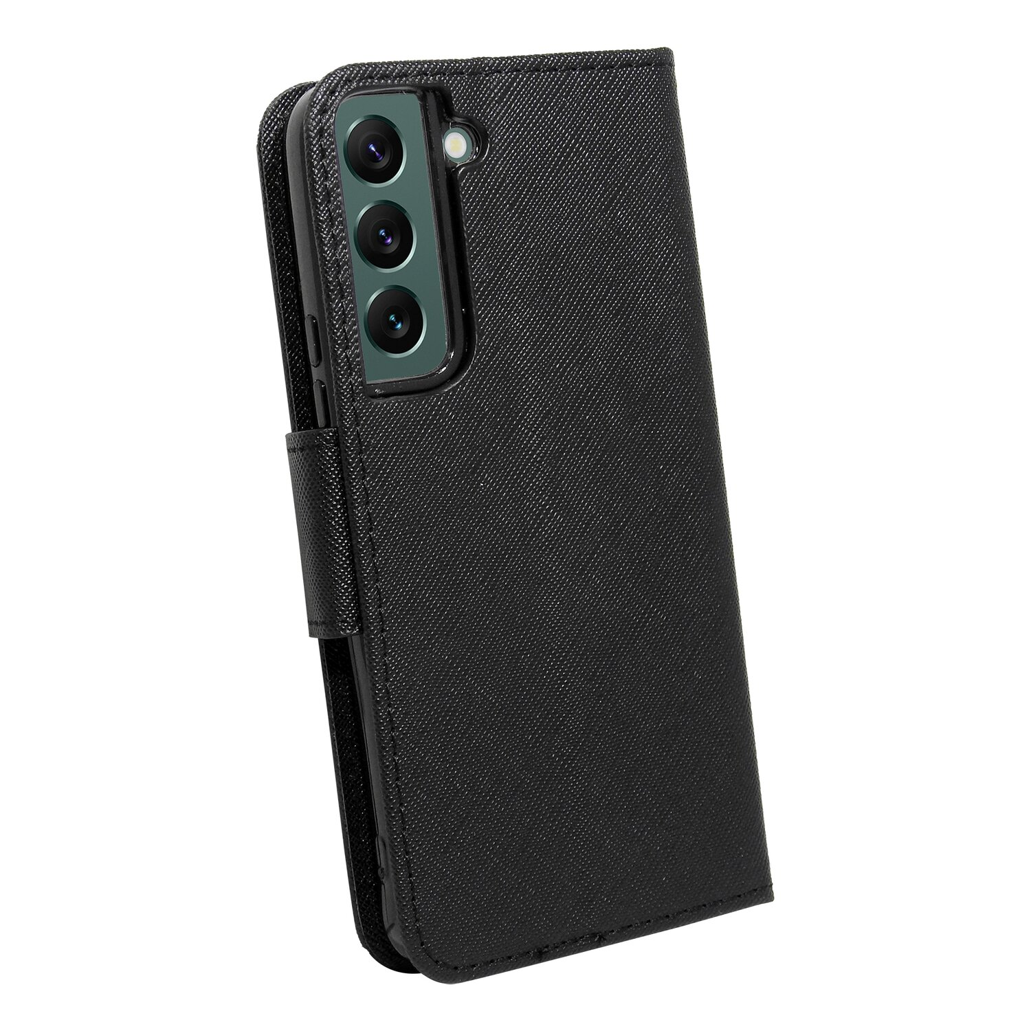 Schwarze Handyhülle mit Telefon darin. Die Hülle ist geschlossen. Das Telefon hat drei Rückkameras.