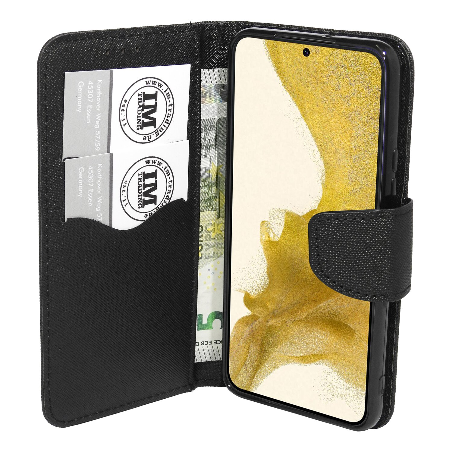 Offene schwarze Handyhülle mit Karten, Geld und einem Telefon mit Bildschirm.