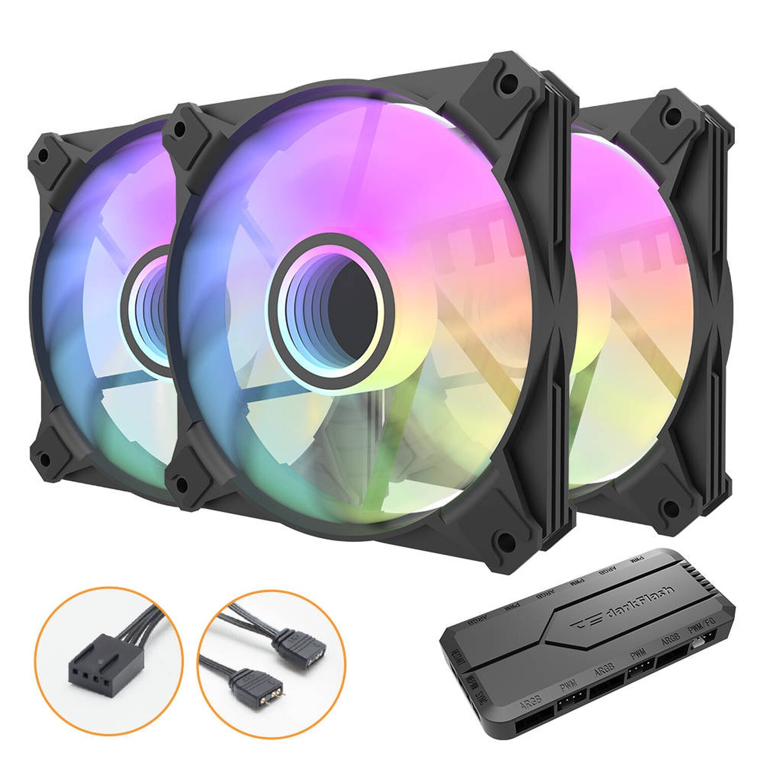 Drei schwarze Computerlüfter mit RGB-Beleuchtung. Kabel und ein Controller sind ebenfalls vorhanden.